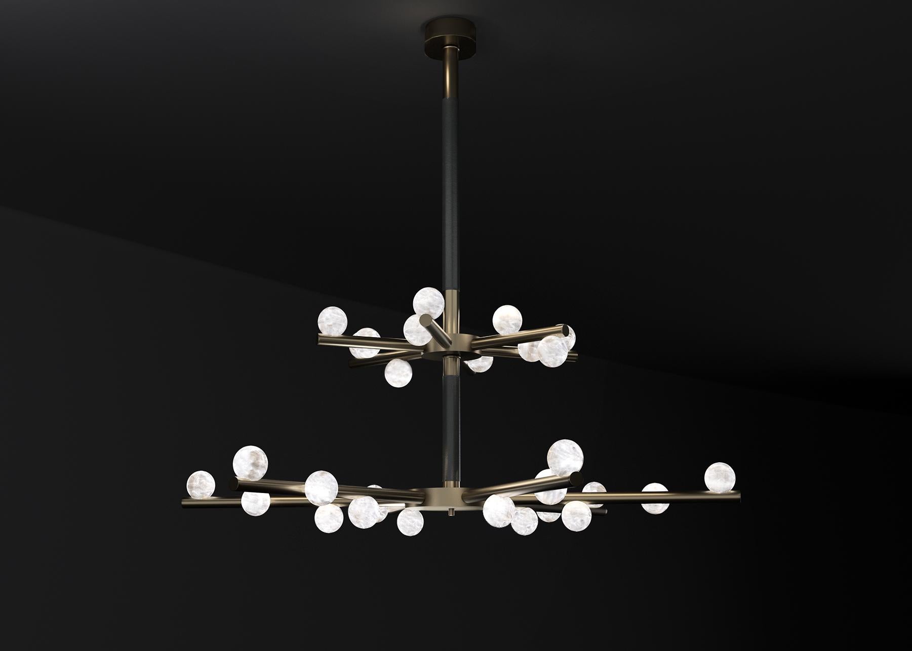 Demetra Brushed Burnished Metal Double Chandelier by Alabastro Italiano
Dimensions: D 85 x W 97 x H 96 cm.
Materials: White alabaster, brushed burnished metal and leather.

Available in different finishes: Shiny Silver, Bronze, Brushed Brass,