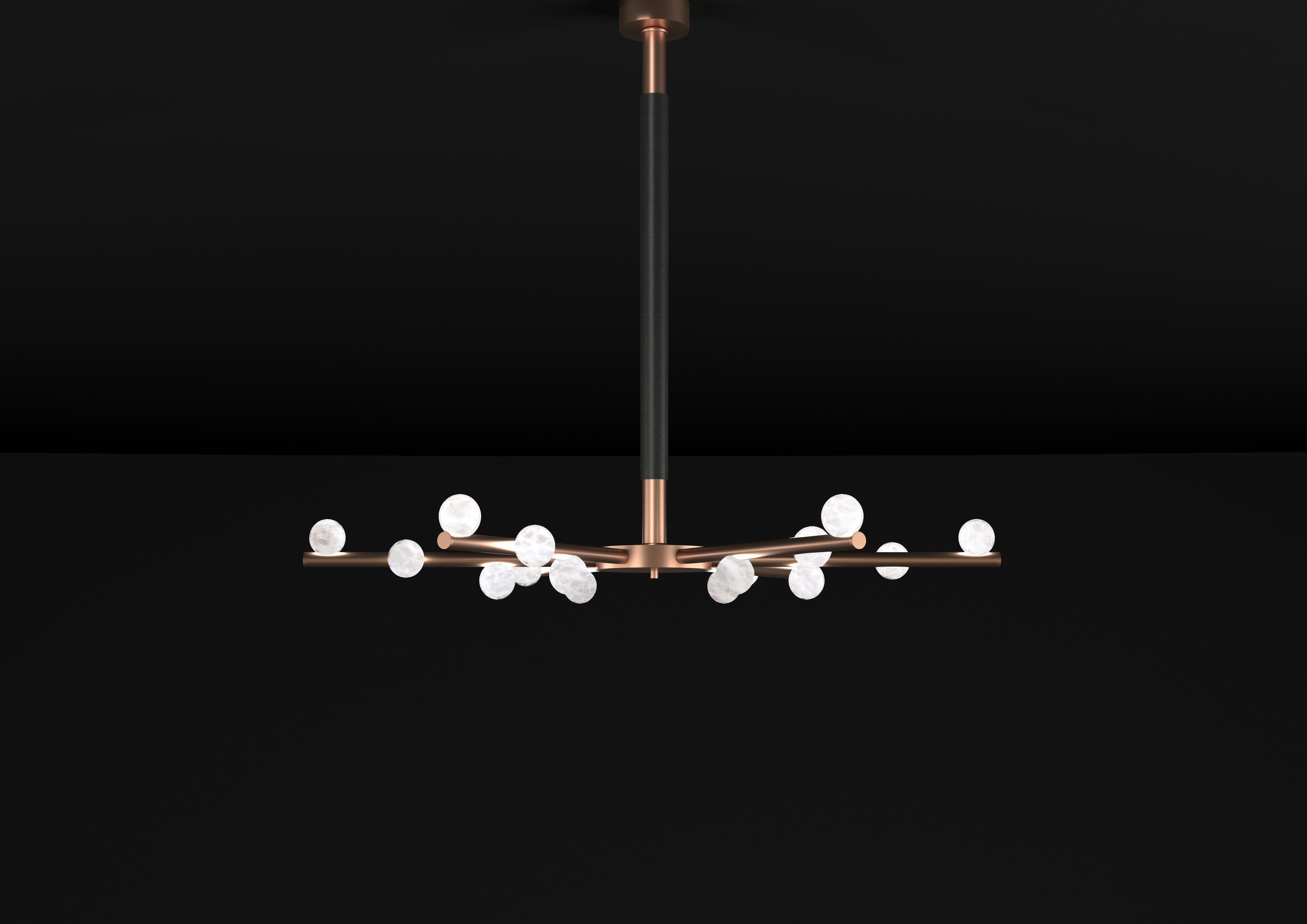 Demetra Cppper Chandelier by Alabastro Italiano
Dimensions: D 85 x W 97 x H 85 cm.
Materials: White alabaster, copper and leather.

Available in different finishes: Shiny Silver, Bronze, Brushed Brass, Ruggine of Florence, Brushed Burnished, Shiny