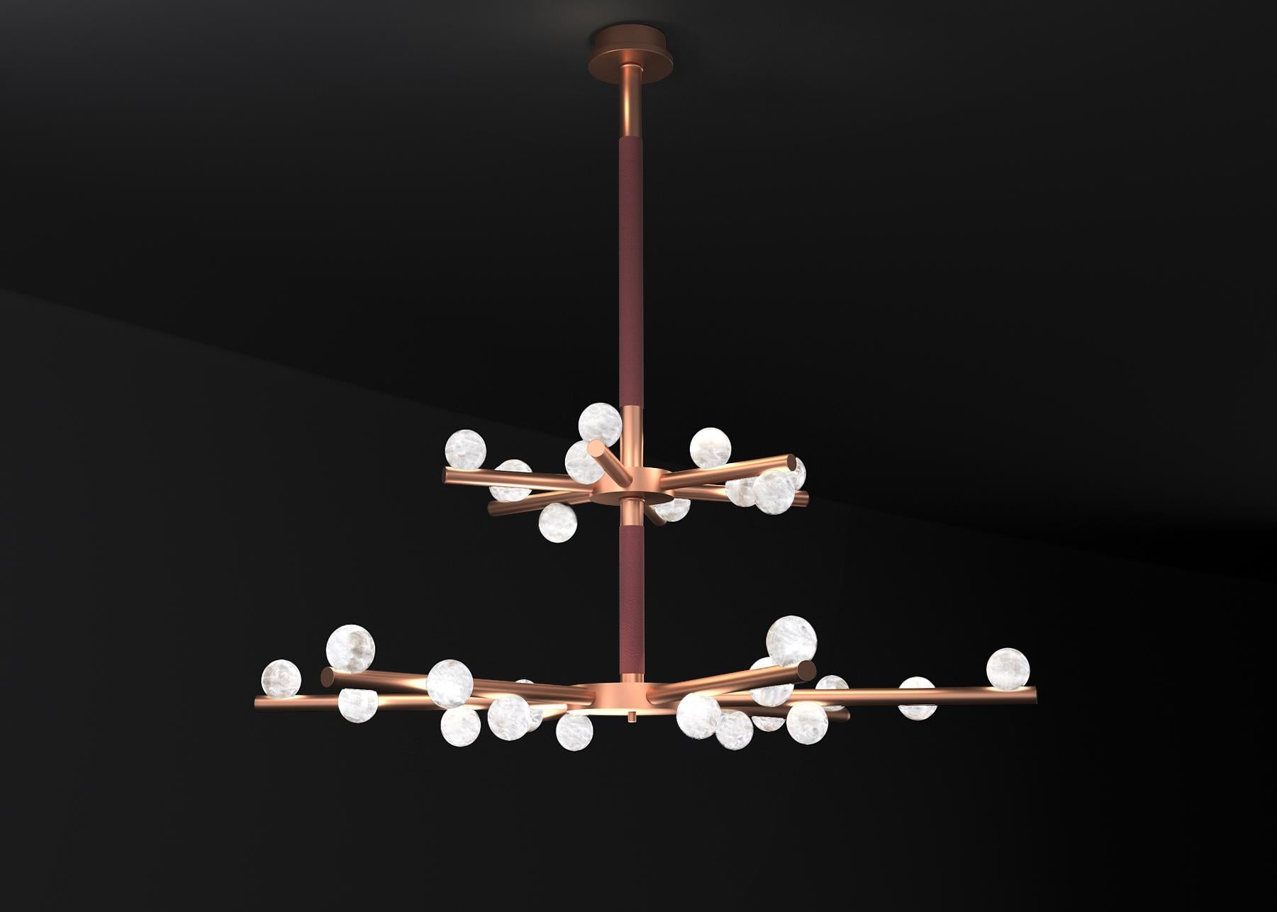 Demetra Copper Double Chandelier by Alabastro Italiano
Dimensions: D 85 x W 97 x H 96 cm.
Materials: White alabaster, copper and leather.

Available in different finishes: Shiny Silver, Bronze, Brushed Brass, Ruggine of Florence, Brushed Burnished,