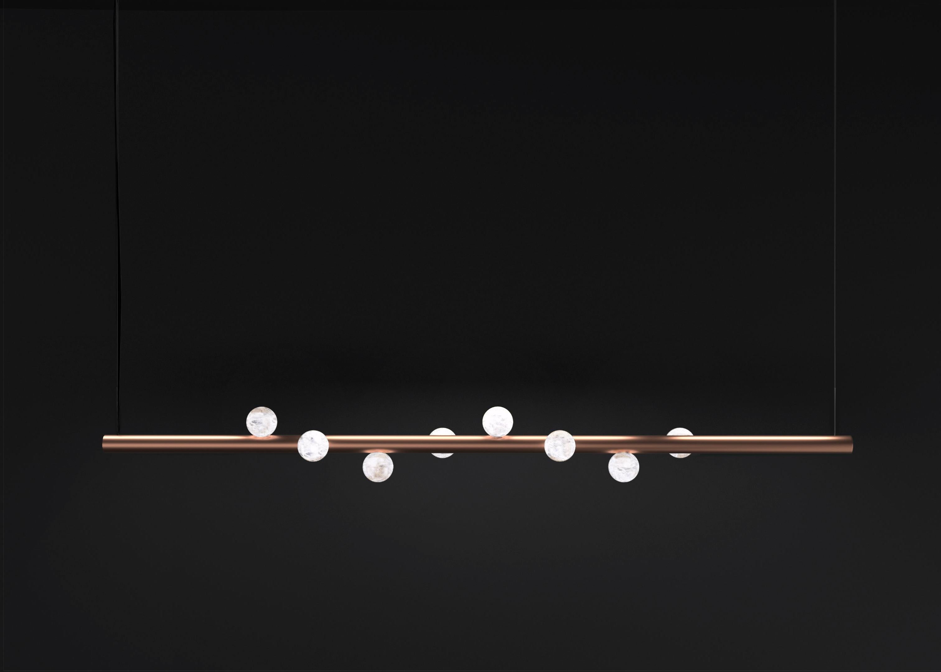 Demetra Copper Pendant Lamp 1 by Alabastro Italiano
Dimensions: D 12 x W 120 x H 12 cm.
Materials: White alabaster, copper and leather.

Available in different finishes: Shiny Silver, Bronze, Brushed Brass, Ruggine of Florence, Brushed Burnished,