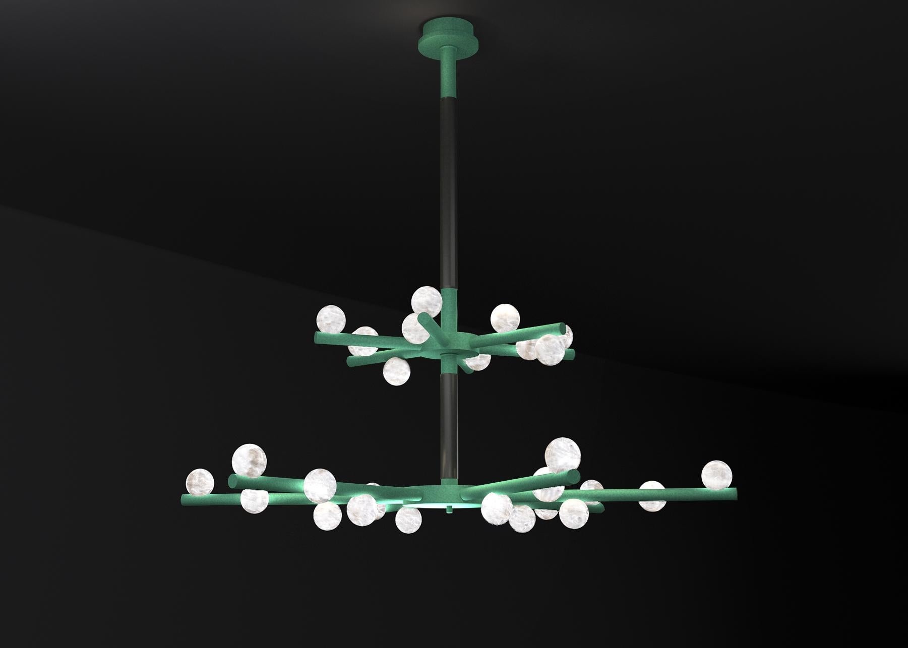 Demetra Freedom Green Metal Double Chandelier by Alabastro Italiano
Dimensions: D 85 x W 97 x H 96 cm.
Materials: White alabaster, freedom green metal and leather.

Available in different finishes: Shiny Silver, Bronze, Brushed Brass, Ruggine of