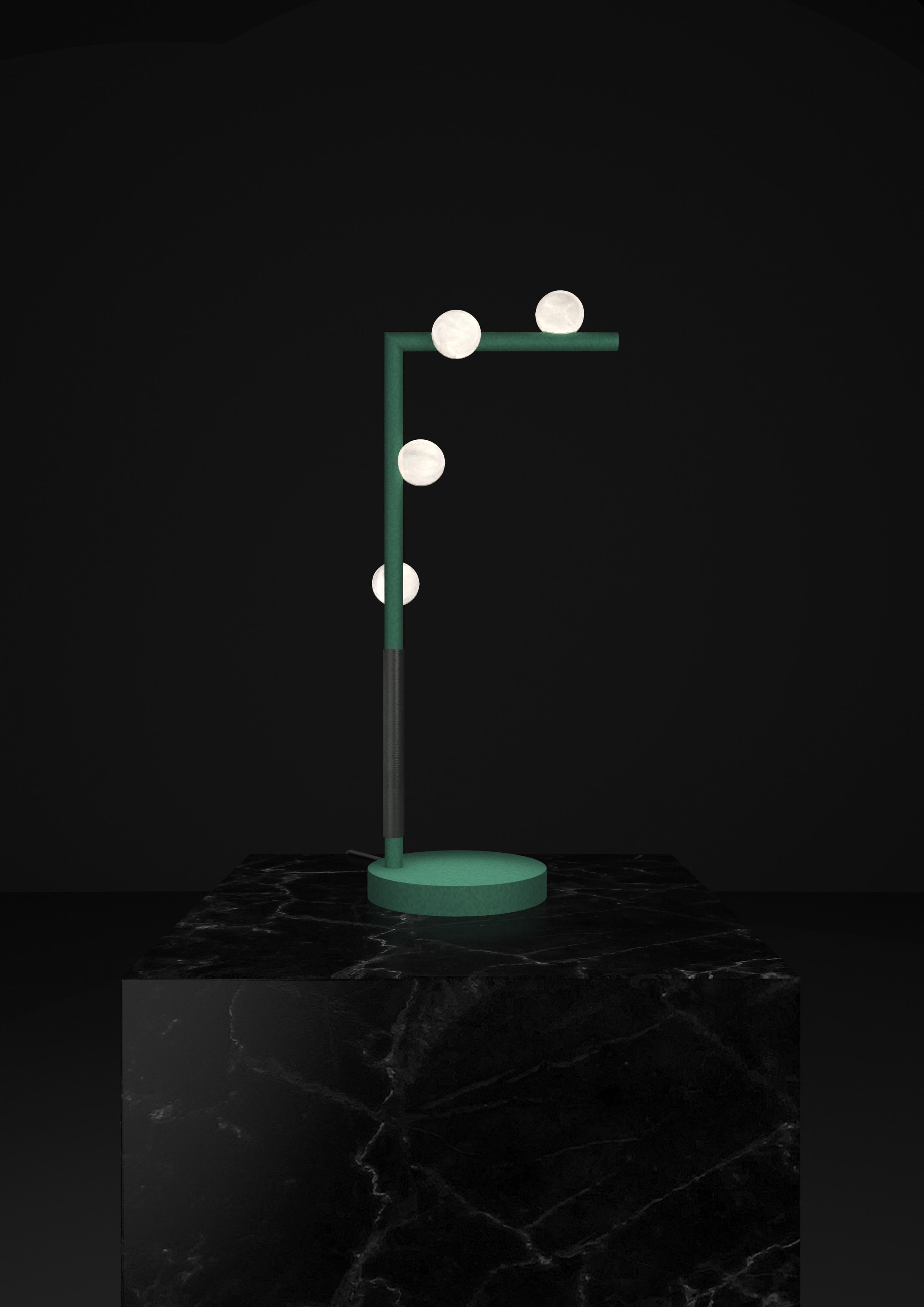 Demetra Freedom Green Metal Table Lamp by Alabastro Italiano
Dimensions: D 20 x W 35 x H 67 cm.
Materials: White alabaster, metal and leather.

Available in different finishes: Shiny Silver, Bronze, Brushed Brass, Ruggine of Florence, Brushed