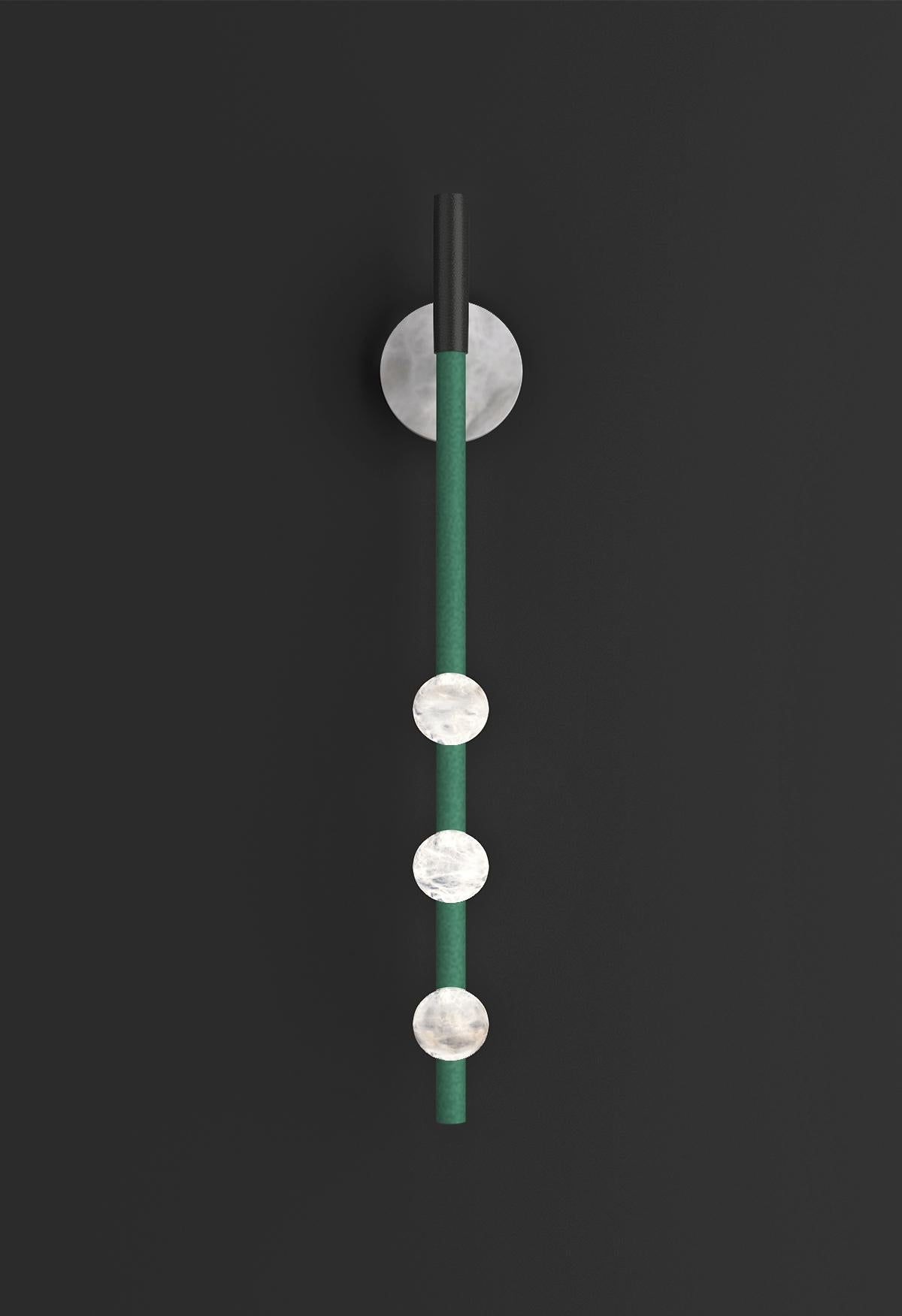Demetra Freedom Green Metal Wall Lamp by Alabastro Italiano
Dimensions: D 9 x W 10 x H 60 cm.
Materials: White alabaster, metal and leather.

Available in different finishes: Shiny Silver, Bronze, Brushed Brass, Ruggine of Florence, Brushed