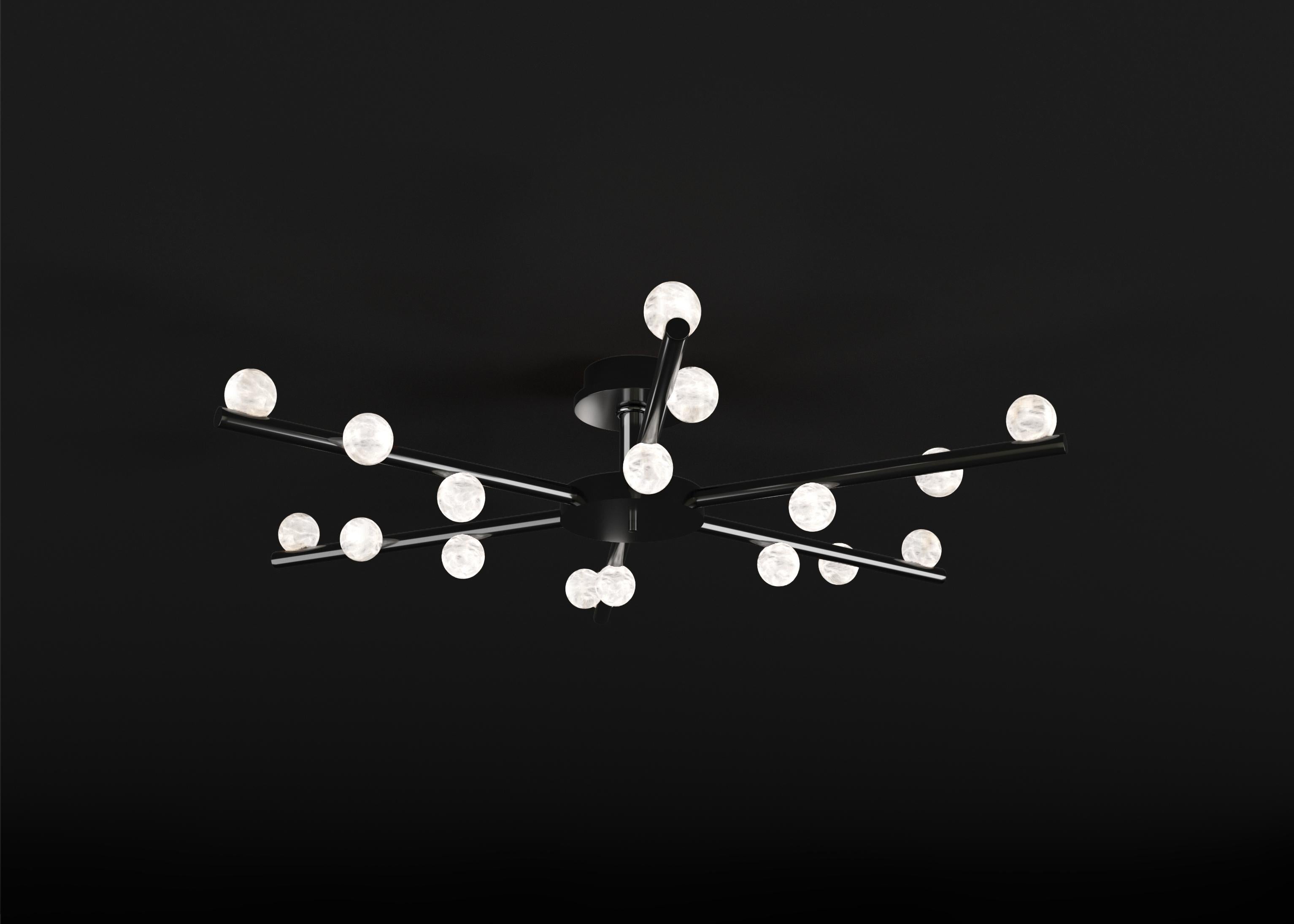 Demetra Shiny Black Metal Ceiling Lamp by Alabastro Italiano
Dimensions: D 85 x W 97 x H 22 cm.
Materials: White alabaster and shiny black metal.

Available in different finishes: Shiny Silver, Bronze, Brushed Brass, Ruggine of Florence, Brushed