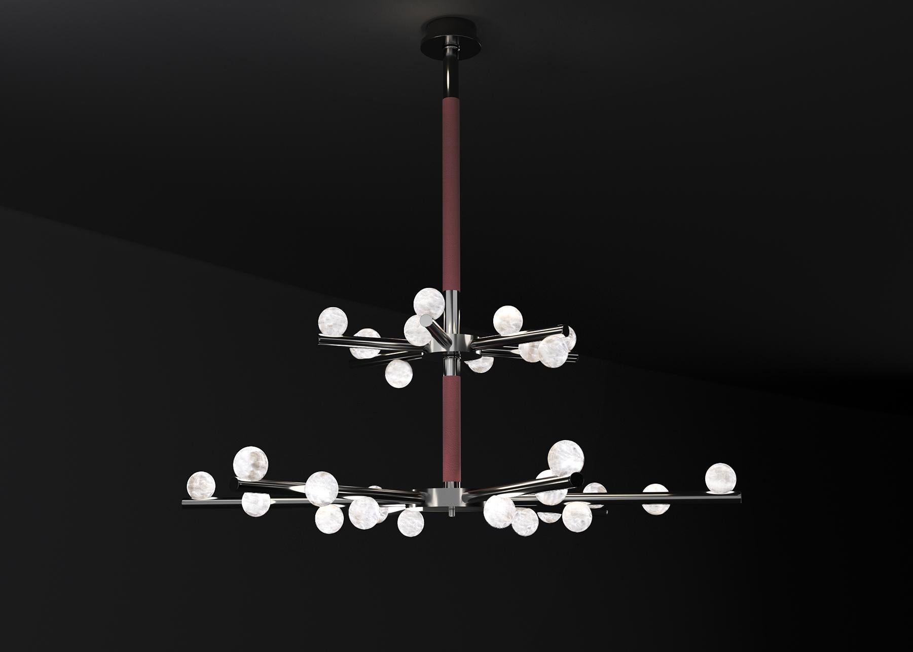 Demetra Shiny Black Metal Double Chandelier by Alabastro Italiano
Dimensions: D 85 x W 97 x H 96 cm.
Materials: White alabaster, shiny black metal and leather.

Available in different finishes: Shiny Silver, Bronze, Brushed Brass, Ruggine of