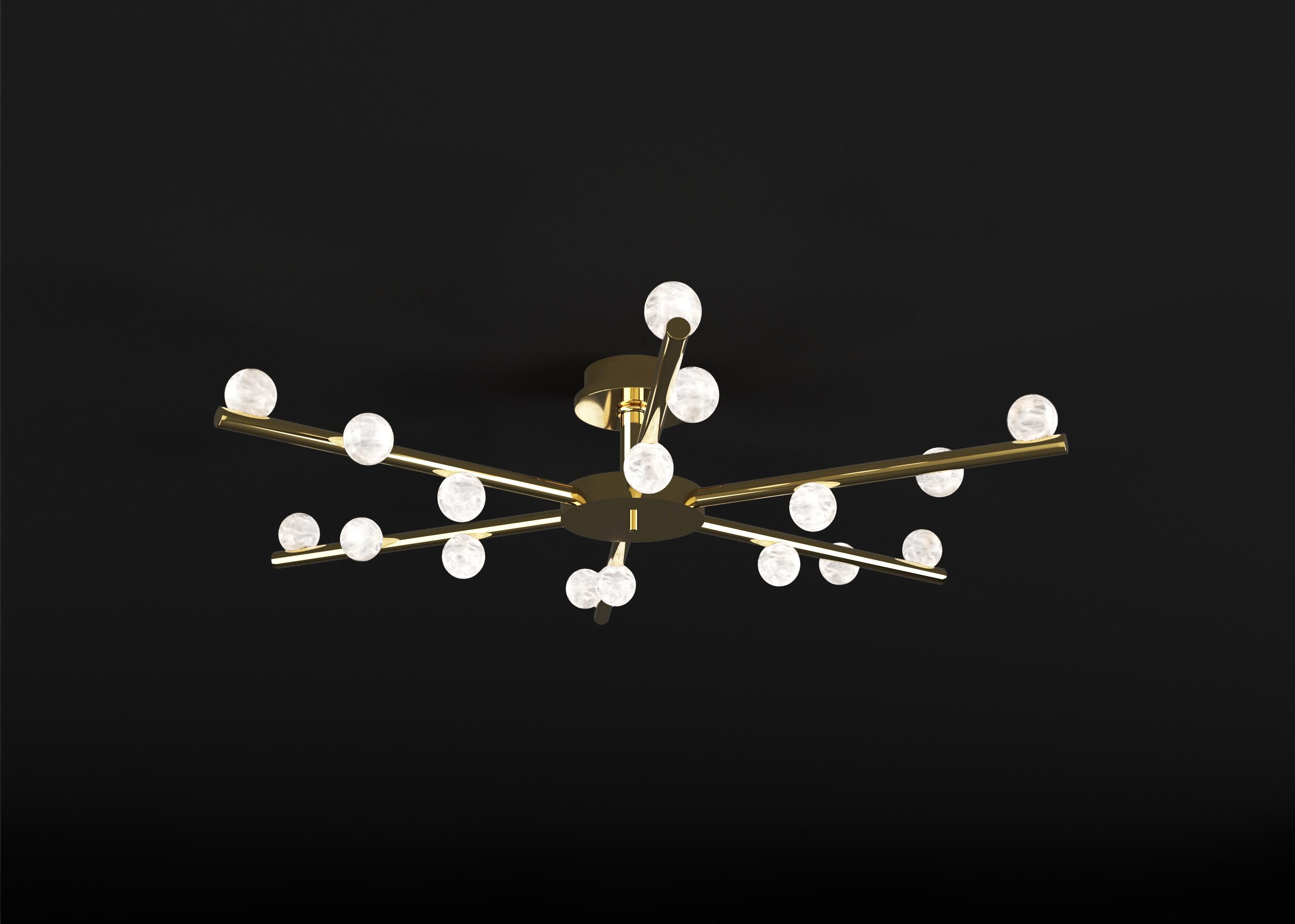 Demetra Shiny Gold Metal Ceiling Lamp by Alabastro Italiano
Dimensions: D 85 x W 97 x H 22 cm.
Materials: White alabaster and shiny gold metal.

Available in different finishes: Shiny Silver, Bronze, Brushed Brass, Ruggine of Florence, Brushed
