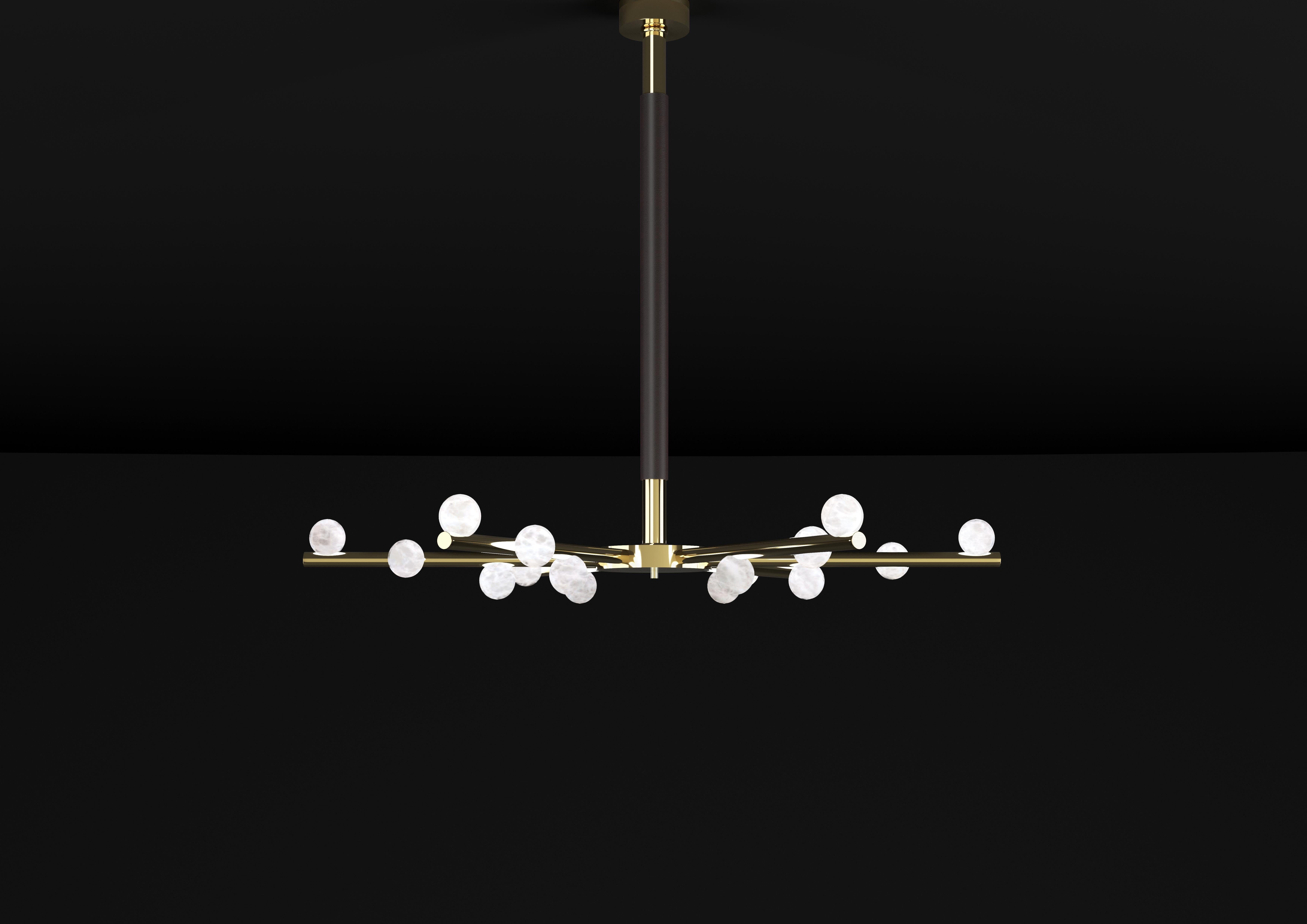 Demetra Shiny Gold Metal Chandelier by Alabastro Italiano
Dimensions: D 85 x W 97 x H 85 cm.
Materials: White alabaster, shiny gold metal and leather.

Available in different finishes: Shiny Silver, Bronze, Brushed Brass, Ruggine of Florence,