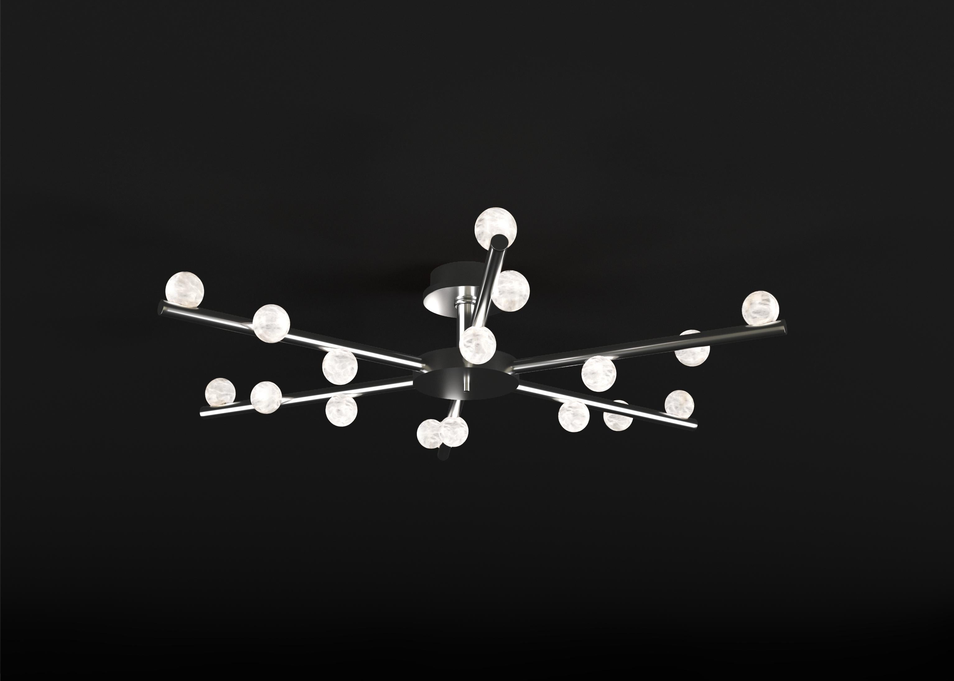 Demetra Shiny Silver Metal Ceiling Lamp by Alabastro Italiano
Dimensions: D 85 x W 97 x H 22 cm.
Materials: White alabaster and shiny silver metal.

Available in different finishes: Shiny Silver, Bronze, Brushed Brass, Ruggine of Florence, Brushed