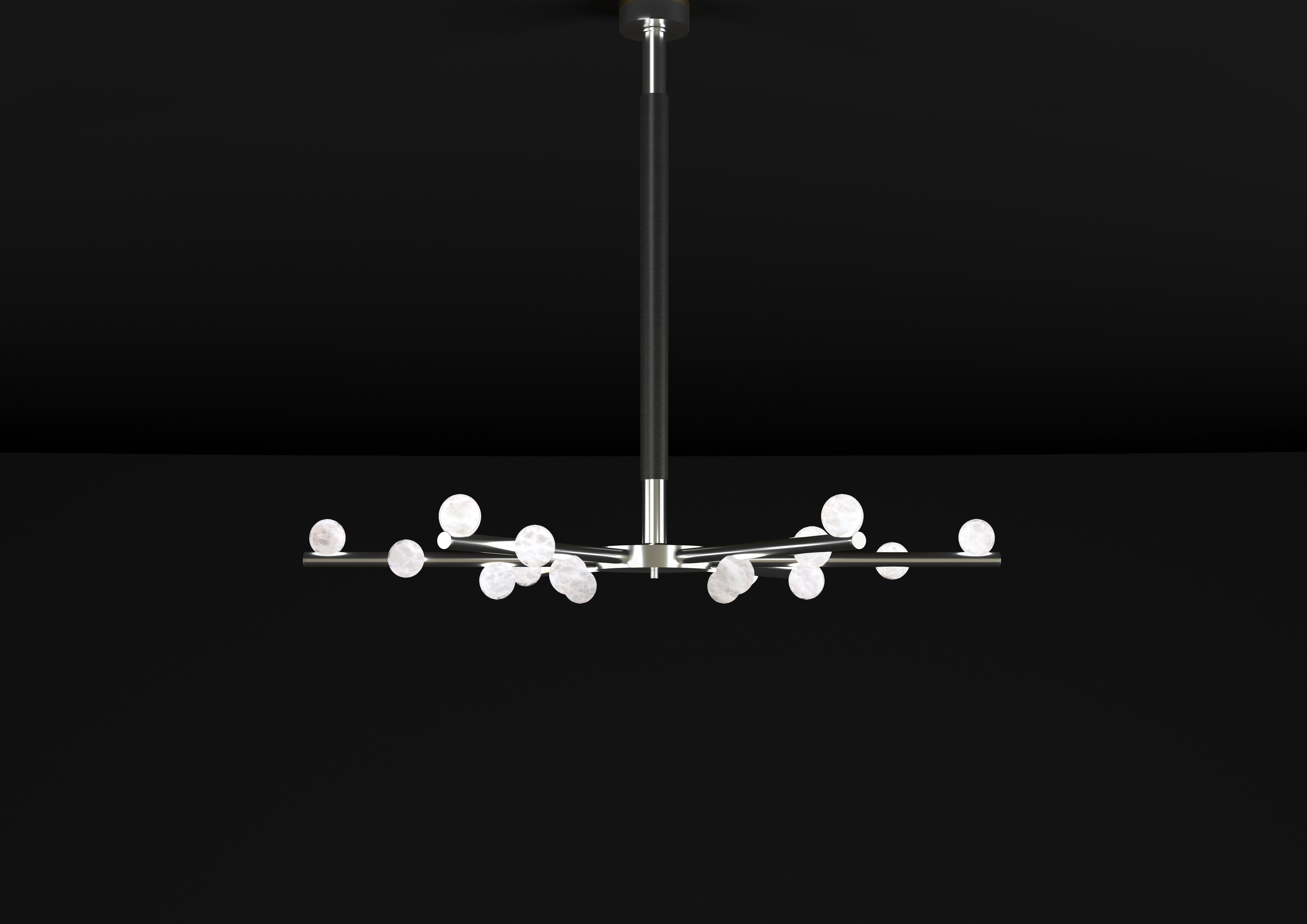 Demetra Shiny Silver Metal Chandelier by Alabastro Italiano
Dimensions: D 85 x W 97 x H 85 cm.
Materials: White alabaster, shiny silver metal and leather.

Available in different finishes: Shiny Silver, Bronze, Brushed Brass, Ruggine of Florence,