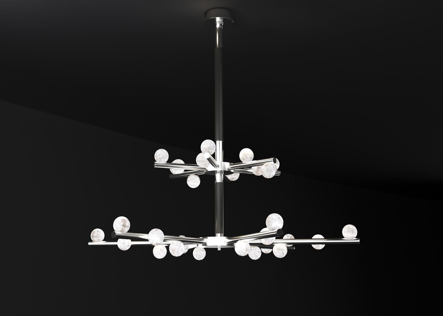 Demetra Shiny Silver Metal Double Chandelier by Alabastro Italiano
Dimensions: D 85 x W 97 x H 96 cm.
Materials: White alabaster, shiny silver metal and leather.

Available in different finishes: Shiny Silver, Bronze, Brushed Brass, Ruggine of