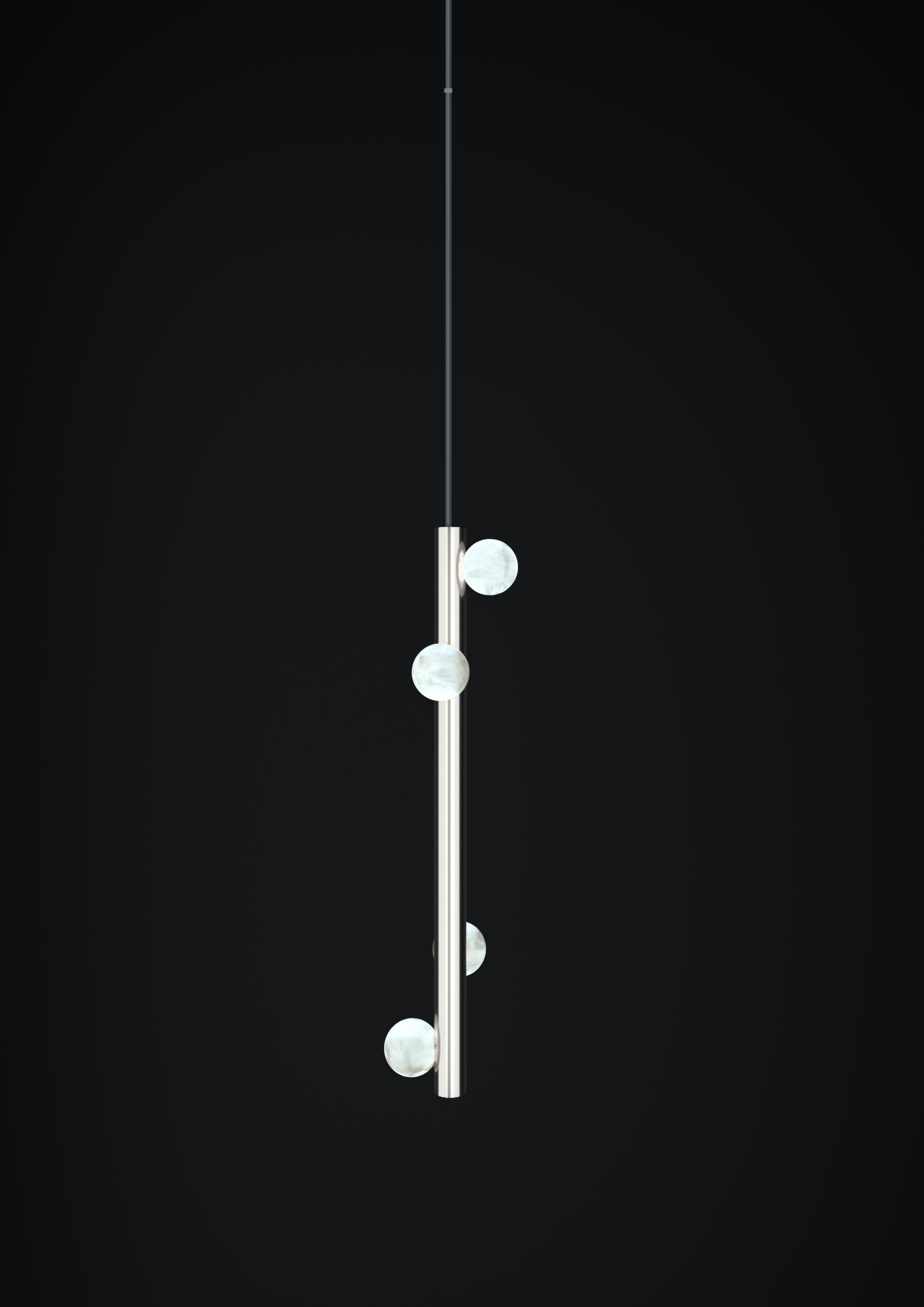 Demetra Shiny Silver Metal Pendant Lamp 2 by Alabastro Italiano
Dimensions: D 12 x W 12 x H 60 cm.
Materials: White alabaster and metal.

Available in different finishes: Shiny Silver, Bronze, Brushed Brass, Ruggine of Florence, Brushed Burnished,