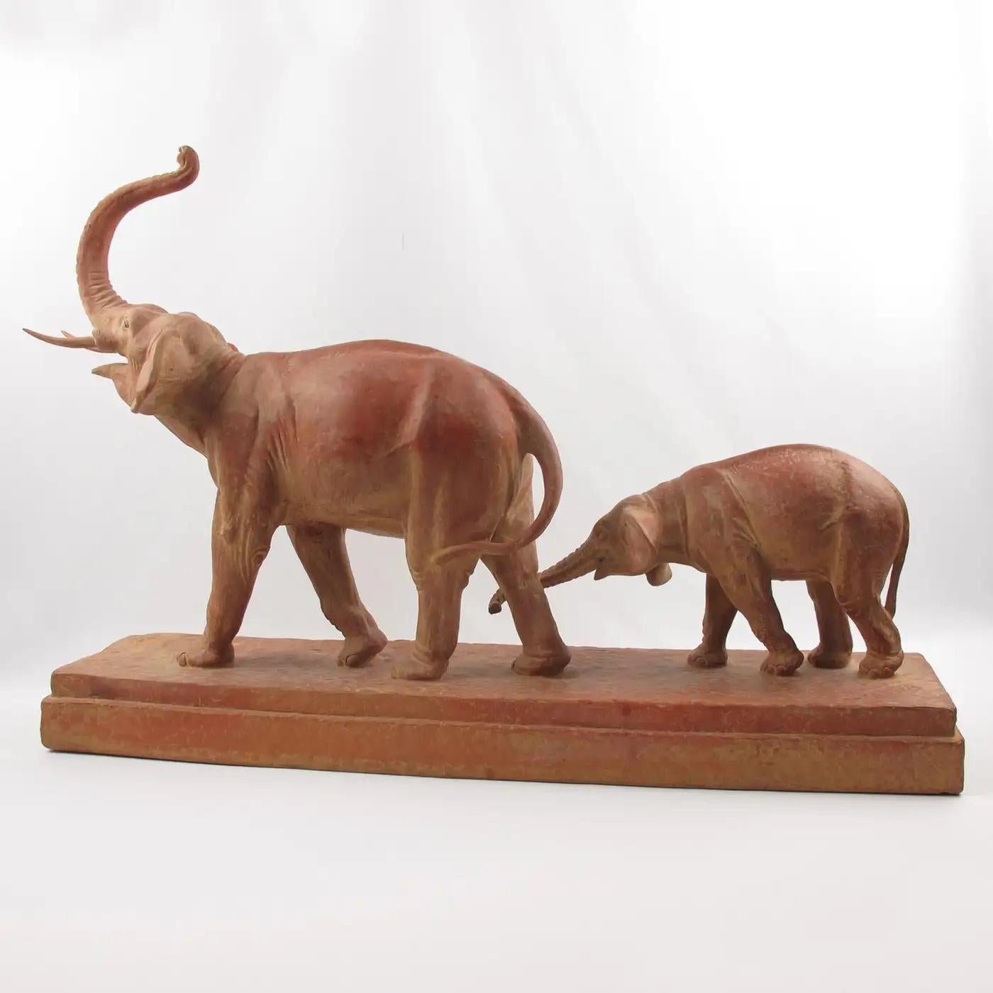 French Demetre Chiparus Art Deco Terracotta Sculpture Elephant and Baby For Sale