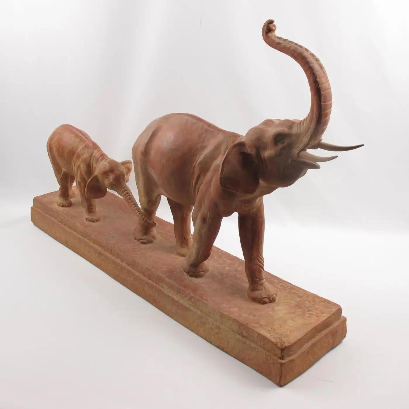 Demetre Chiparus Art Deco Terracotta Sculpture Elephant and Baby In Excellent Condition For Sale In Atlanta, GA