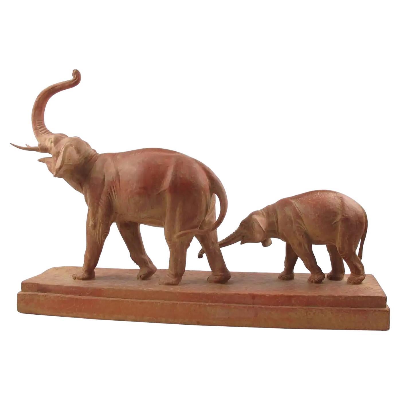 Demetre Chiparus Art Deco Terracotta Sculpture Elephant and Baby For Sale