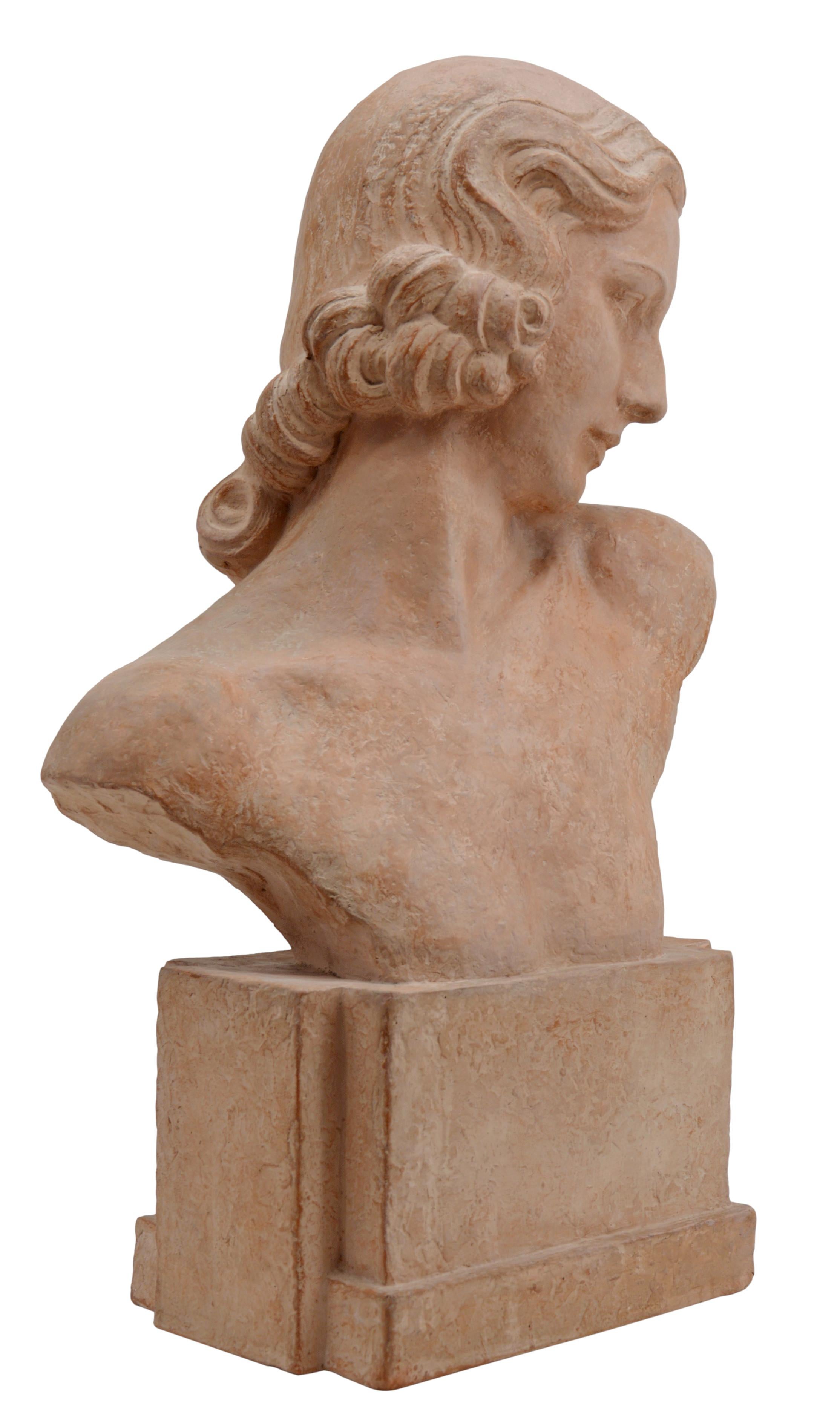 Early 20th Century Demetre Chiparus French Art Deco Terracotta Lady Bust Sculpture, 1920 For Sale