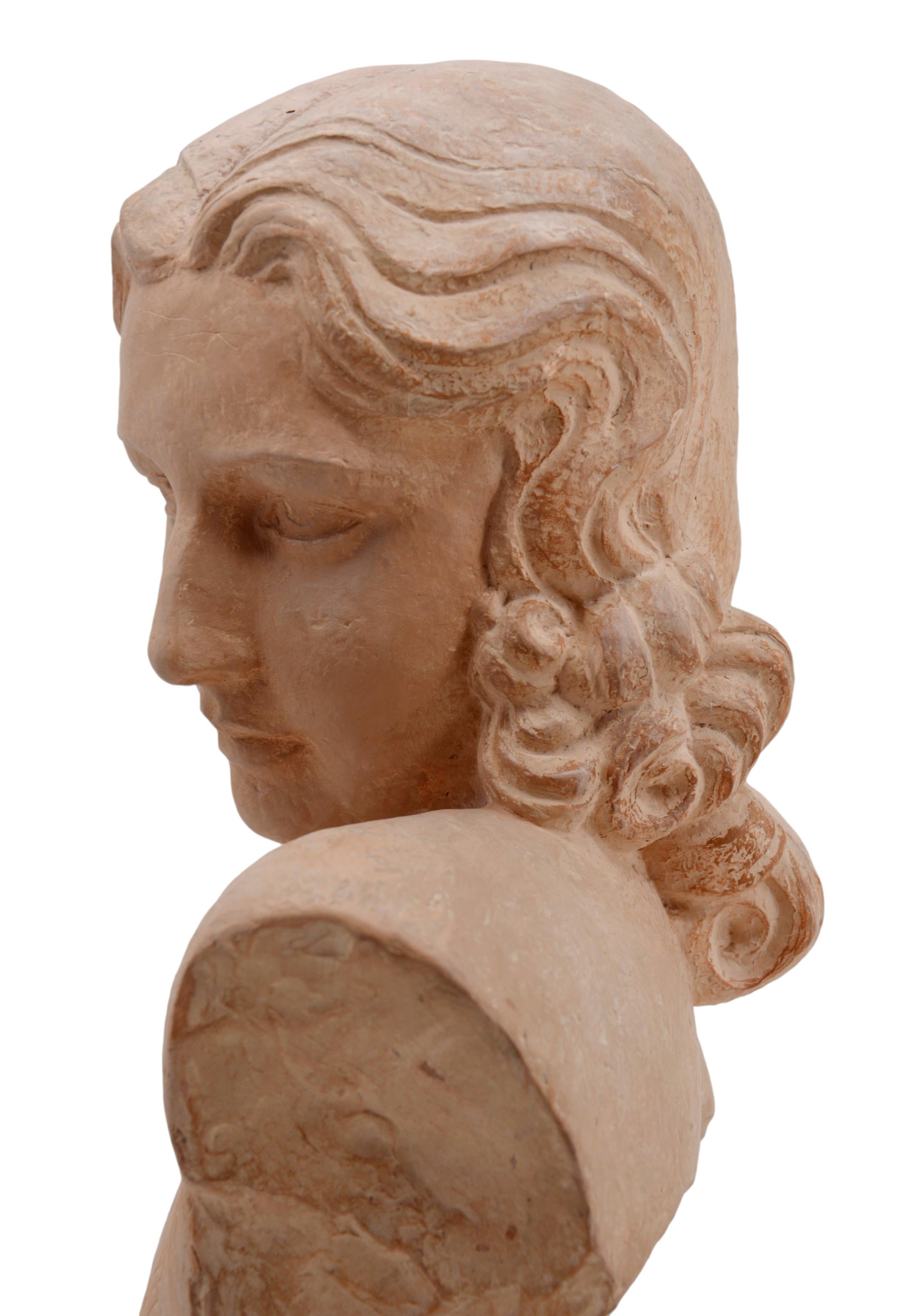 Early 20th Century Demetre Chiparus French Art Deco Terracotta Lady Bust Sculpture, 1920s For Sale