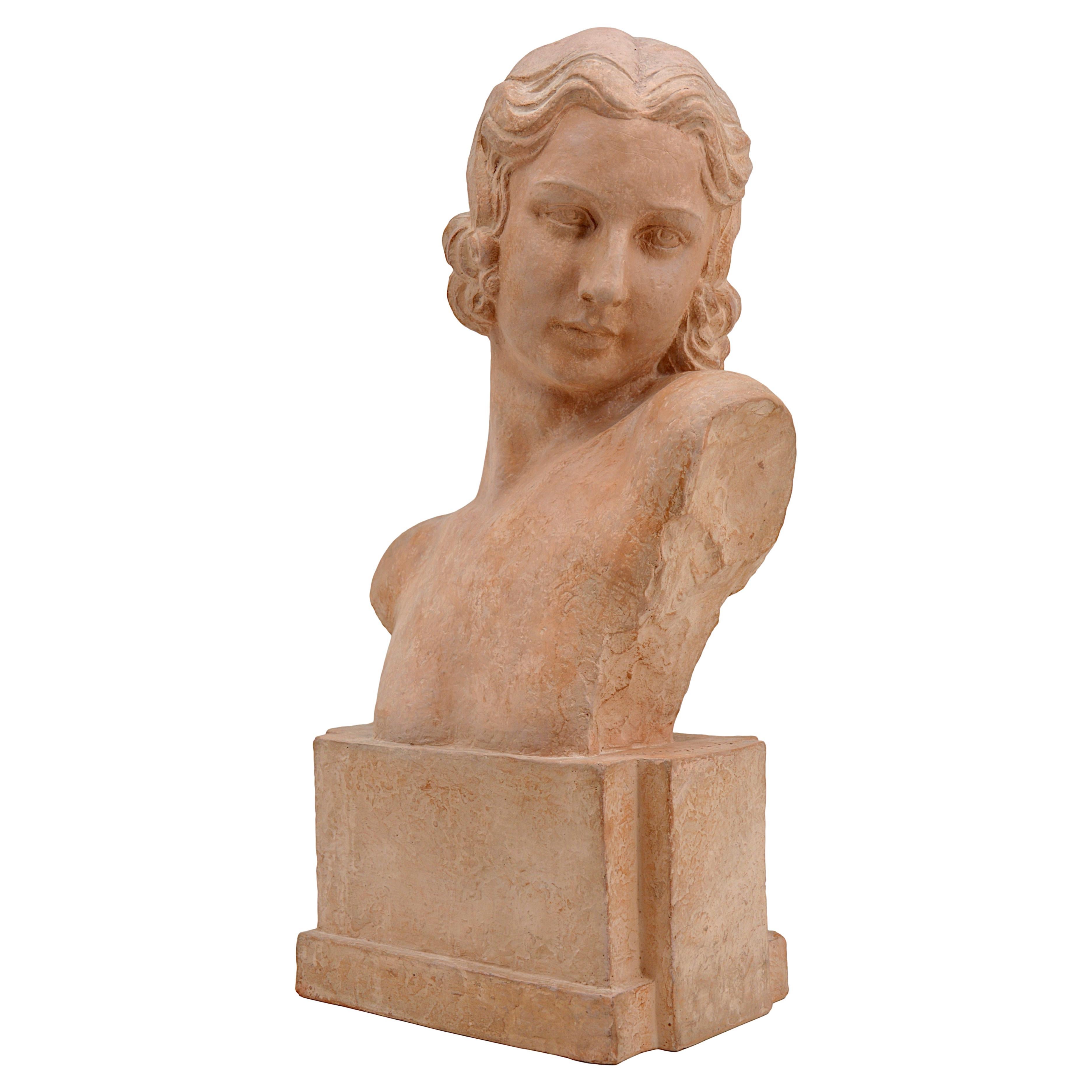 Demetre Chiparus French Art Deco Terracotta Lady Bust Sculpture, 1920s