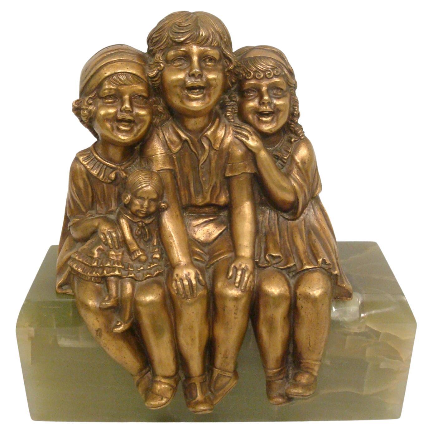 Demetre Chiparus Rare Bronze Sculpture Group "Seating Pretty" 3 Children Version For Sale