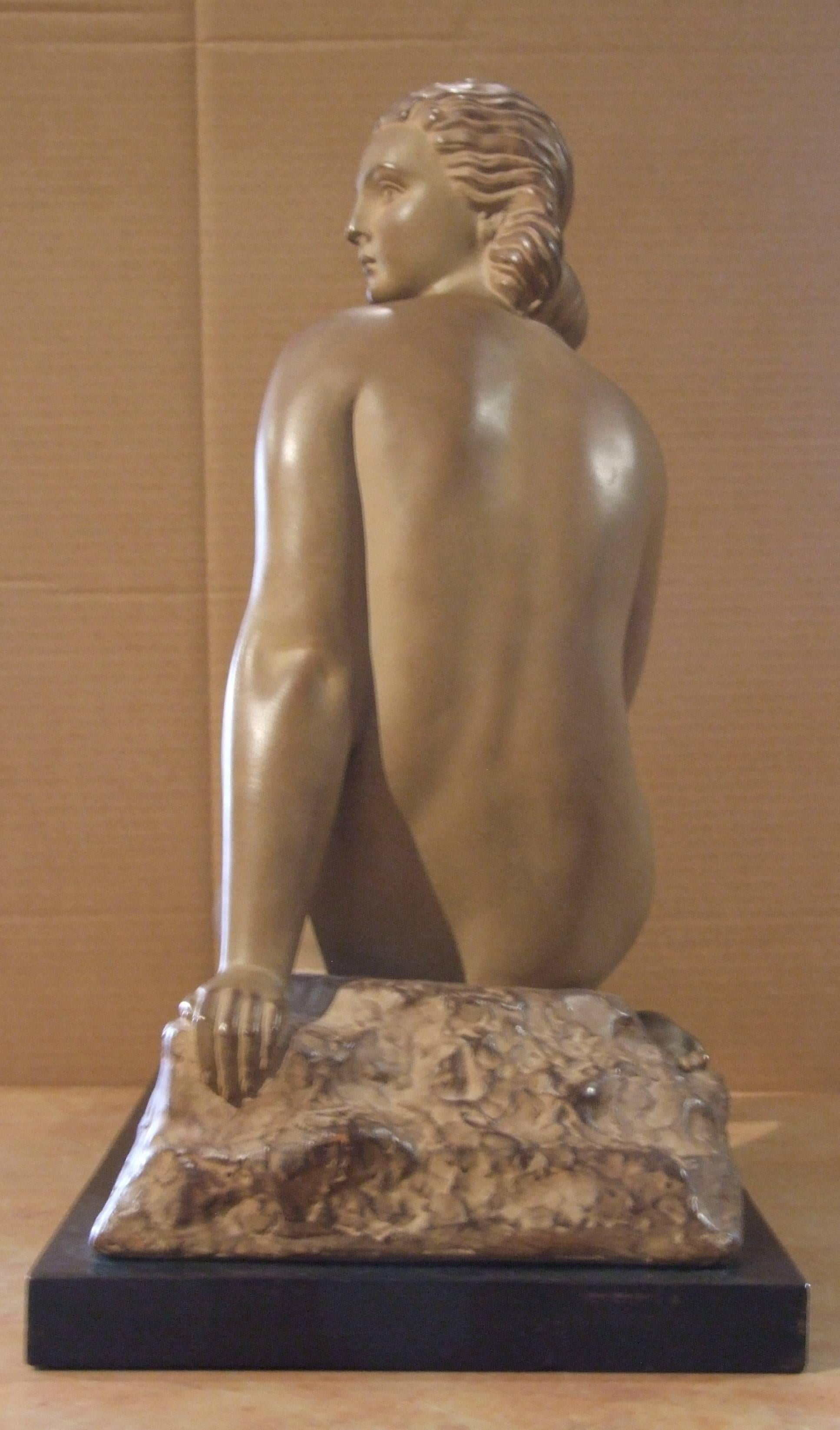 A rare sculpture made of clay by Demeter Chiparus, representing a sit nude woman.
Signed on the sculpture. On a wood basement.

Demétre Haralamb Chiparus (16 September 1886 – 22 January 1947) was a Romanian Art Deco era sculptor who lived and worked