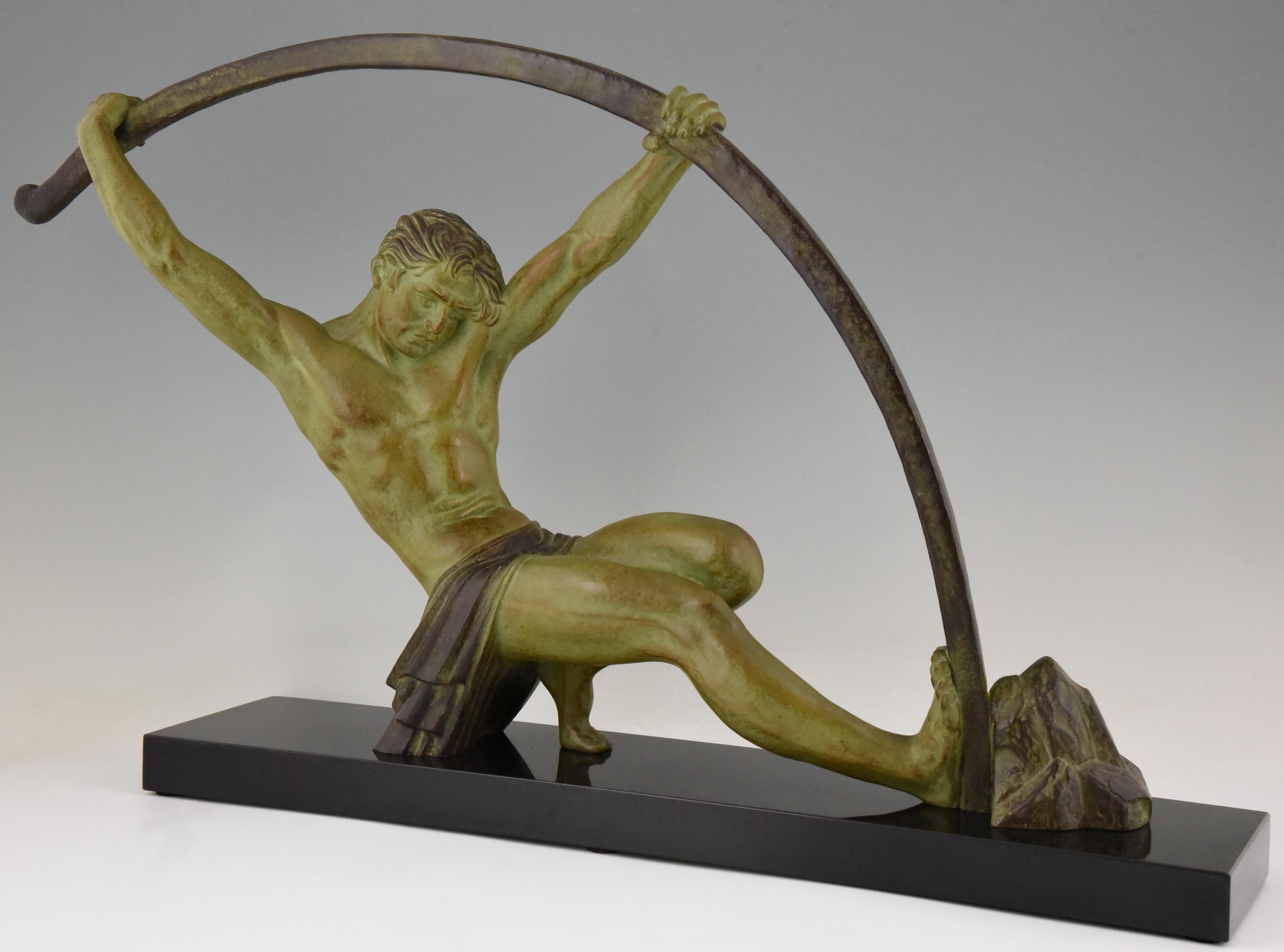Impressive Art Deco sculpture of an athletic man bending a bar.
This work is titled l'age du bronze and signed by Demetre H. Chiparus. 
The sculpture has a beautiful patina and stands on a Belgian Black marble base. France ca. 1930. 

This model