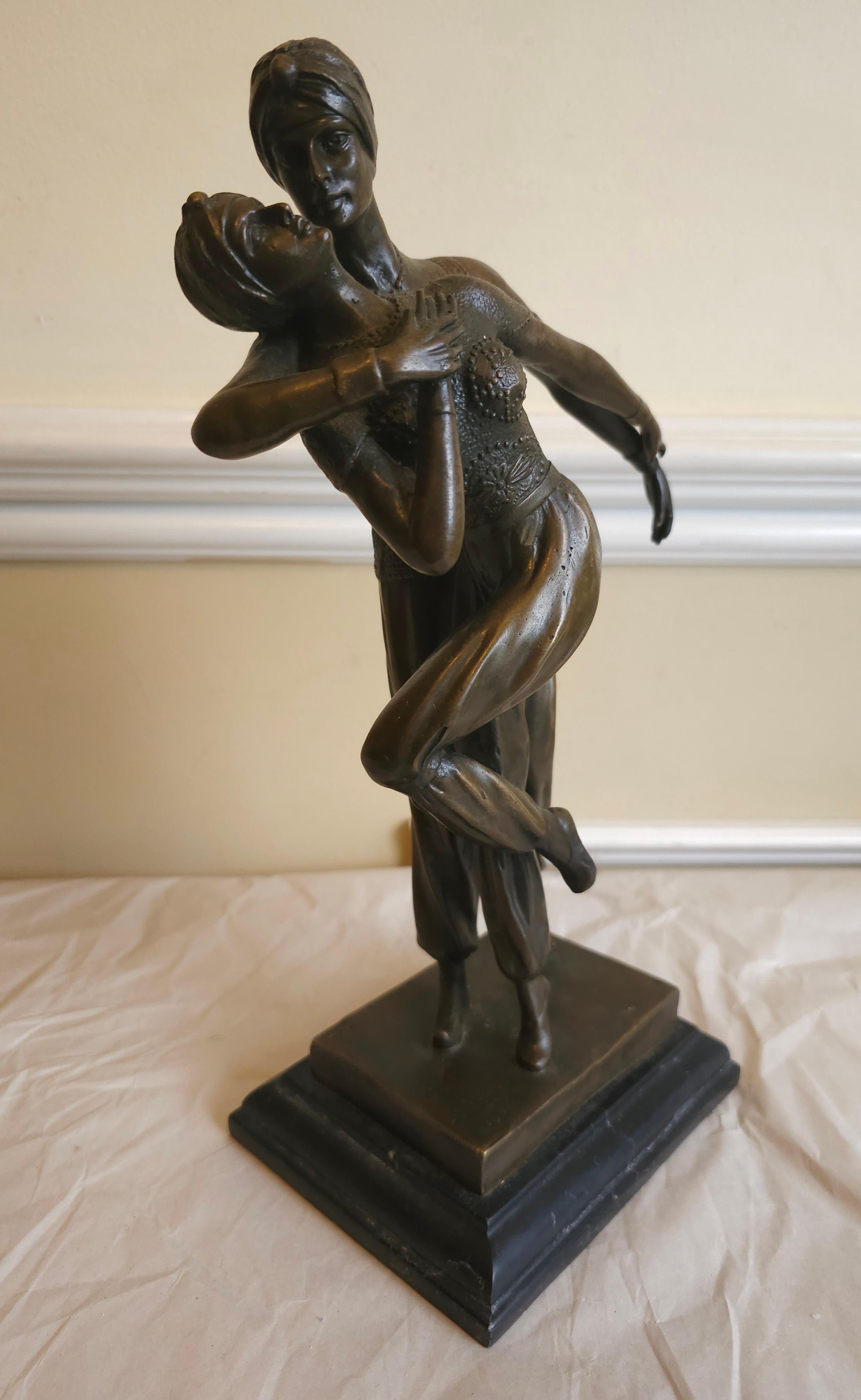 Demetre Haralamb Chiparus (French/Romanian 1886 - 1947), Art Deco Dancers, Bronze Sculpture On Marble Plinth.
Demétre H Chiparus Antiqued Bronze Art Deco Dancing couple.  Artist: Demétre Haralamb Chiparus was a Romanian Art Deco era sculptor who