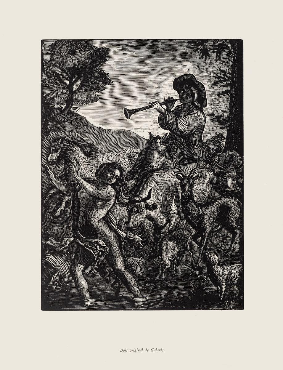 Allegorical Music is an original etching on paper realized by Demetrios Galanis (1878-1966).

The state of preservation of the artwork is good.

The artwork represents the picturesque allegorical scenery, animals, and man and while playing music and
