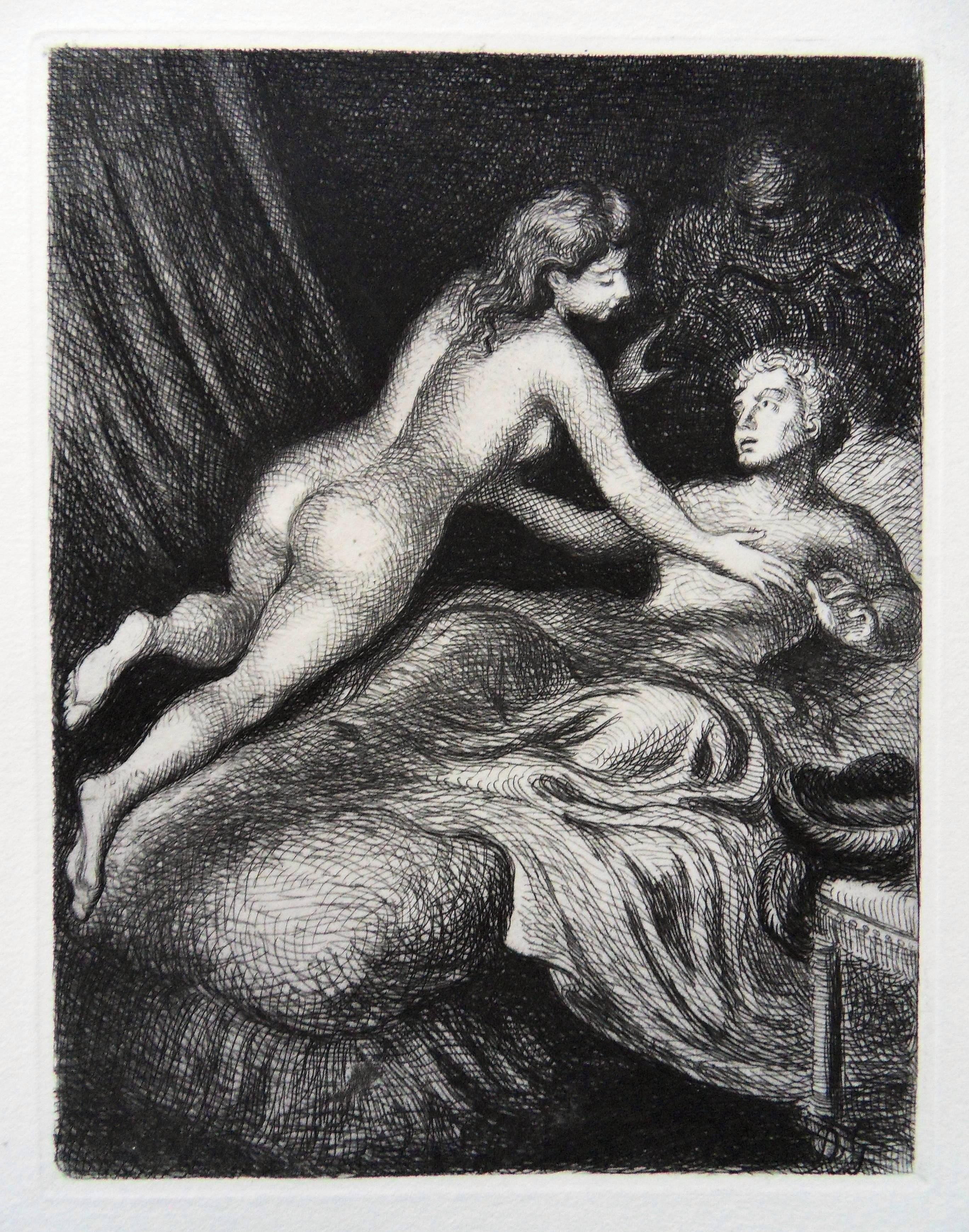 Demetrios Galanis Figurative Print - Lovers in Bed - Original etching, 1943