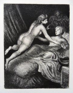 Vintage Lovers in Bed - Original etching, 1943