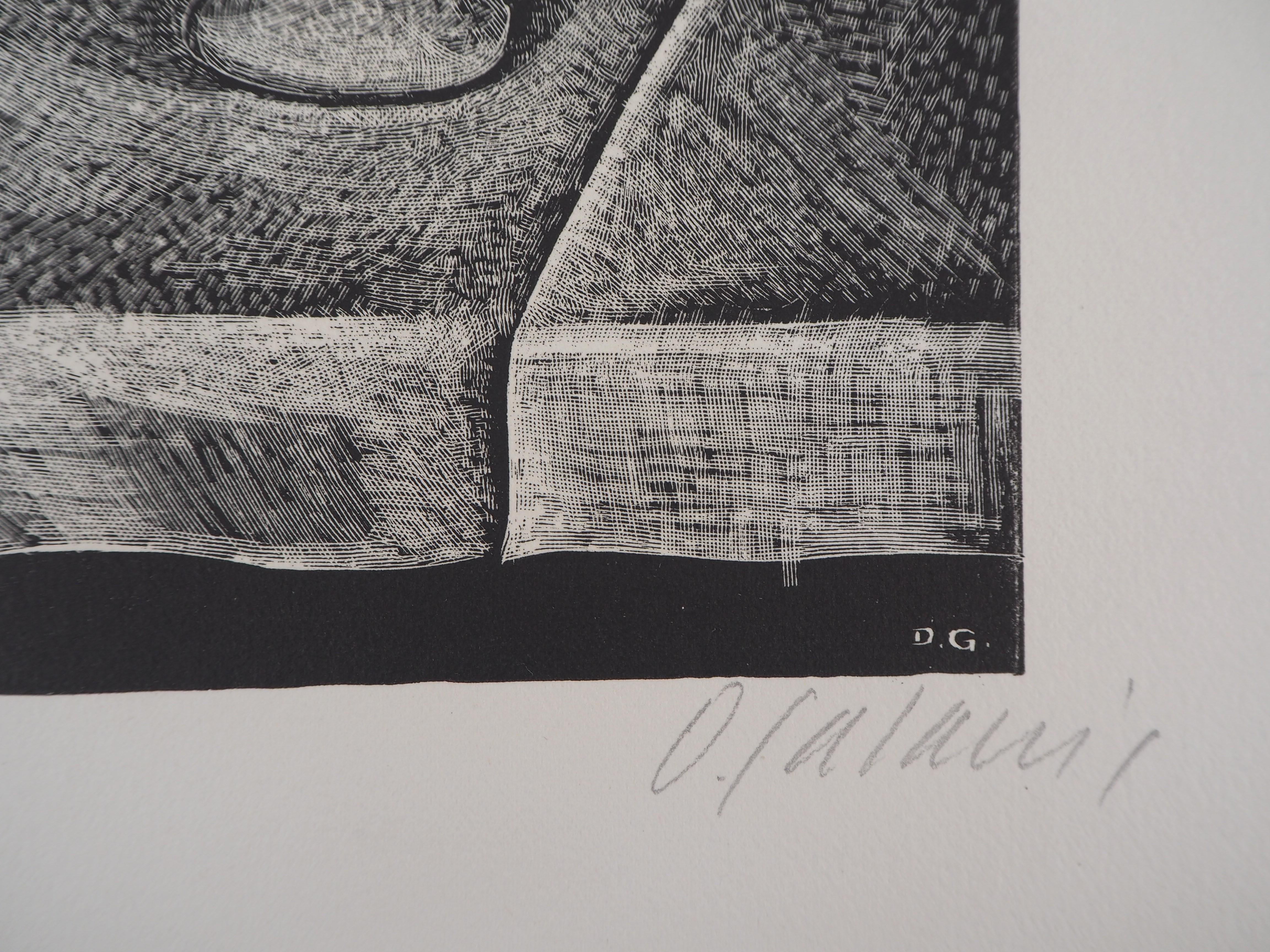 Still Life with a Pipe and a Pichet - Original wooodcut, Handsigned - Print by Demetrios Galanis