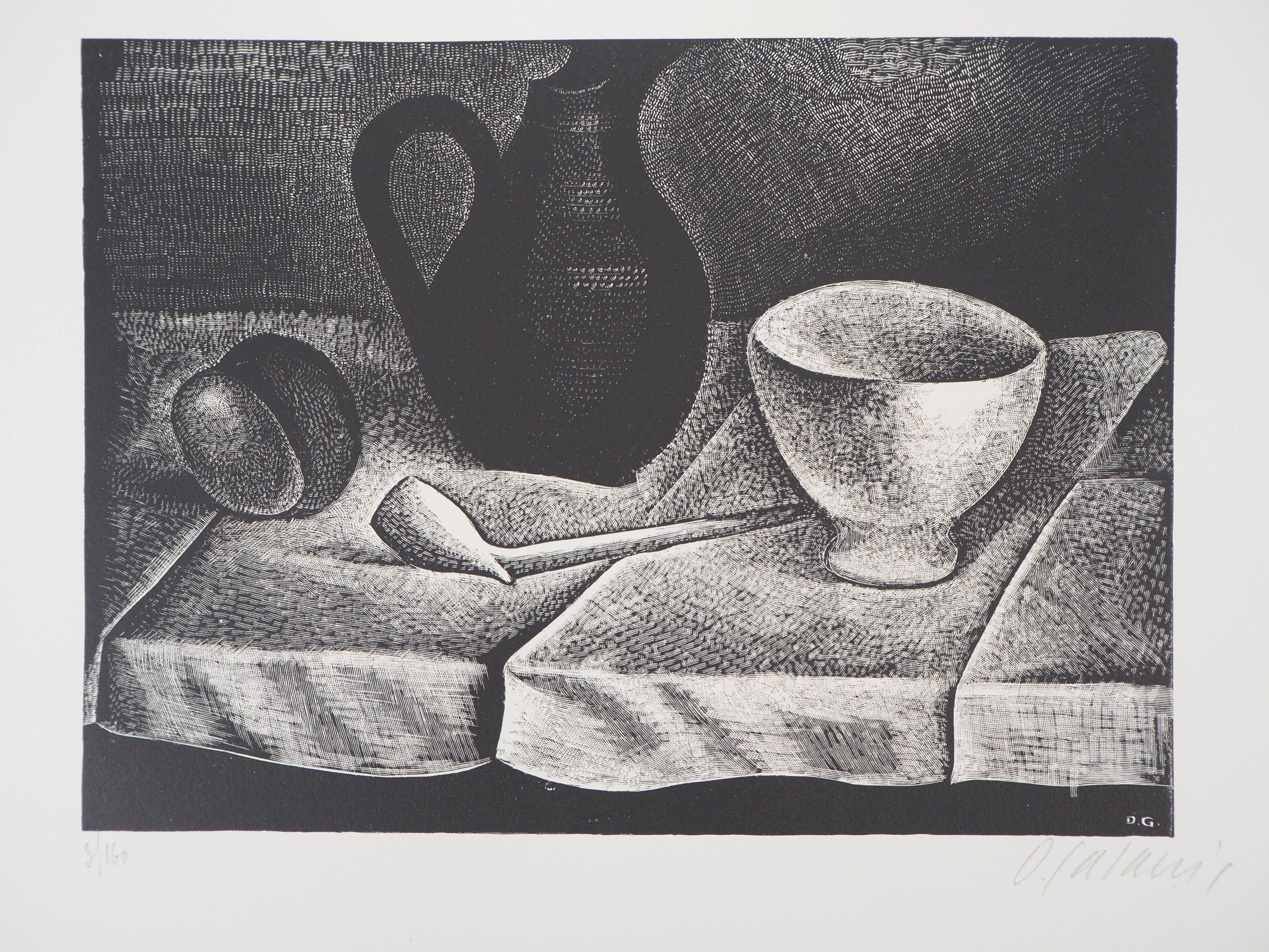 Demetrios Galanis Landscape Print - Still Life with a Pipe and a Pichet - Original wooodcut, Handsigned