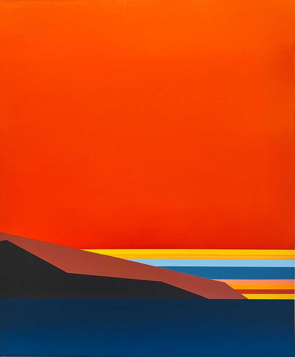 In this 36" x 30" oil on canvas painting, 'Glowing,'  by Demetrios Papakostas, the artist has created an abstract color field in seemingly three-dimensional geometric formations.  The light and dark shapes of varying tones abut one another almost