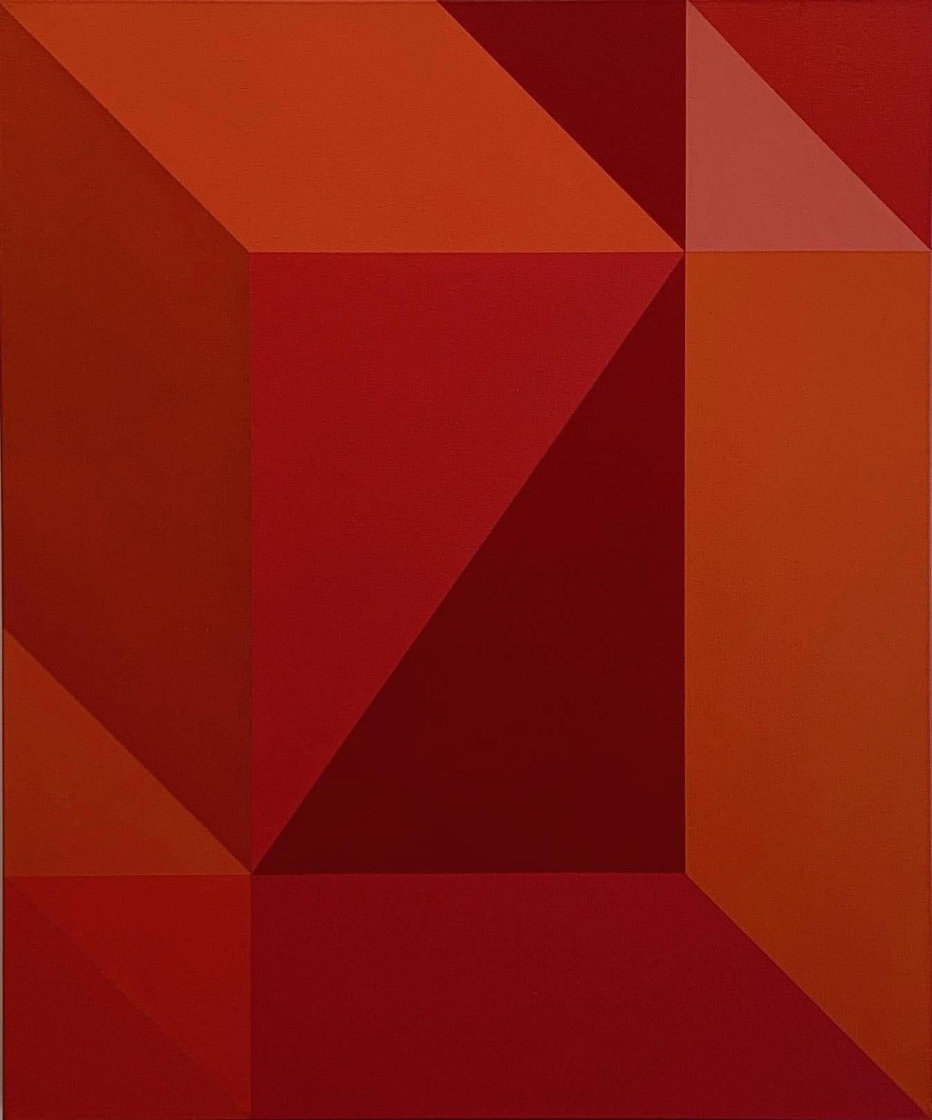In diesem 36" x 30" großen Öl auf Leinwand Gemälde, 'Inversion,'  von Demetrios Papakostas hat der Künstler ein abstraktes Farbfeld aus Rottönen in scheinbar dreidimensionalen geometrischen Formationen geschaffen.  Die hellen und dunklen Formen in