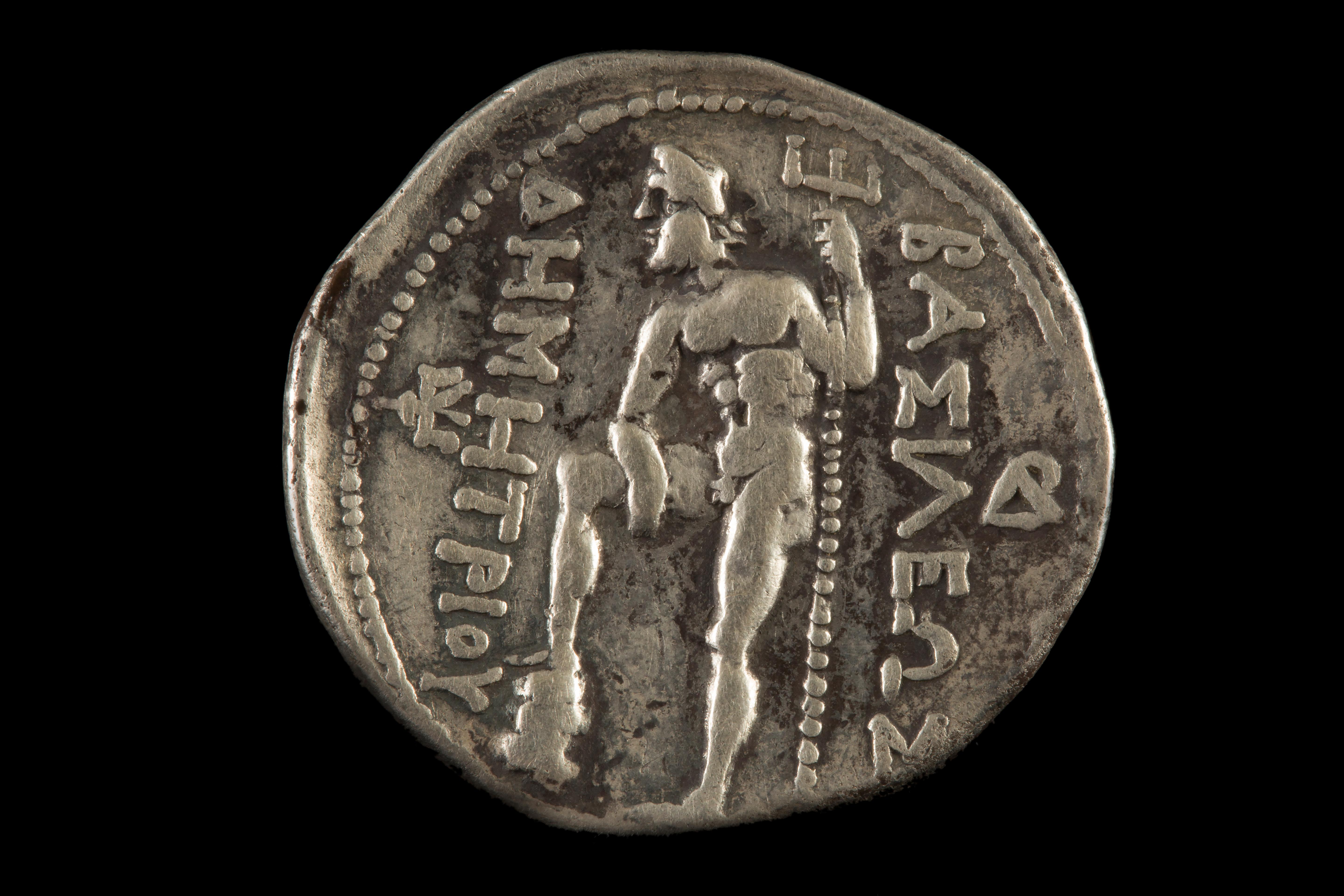 Macedoniam Kingdom. Demetrius Poliorcetes (306–283/2 BCE). Silver tetradrachm (17.17 gm). Amphipolis, ca. 289–autumn 288 BCE. Diademed head of Demetrius right, with bull’s Horn / , Poseidon standing left, right foot on rock, resting right arm on