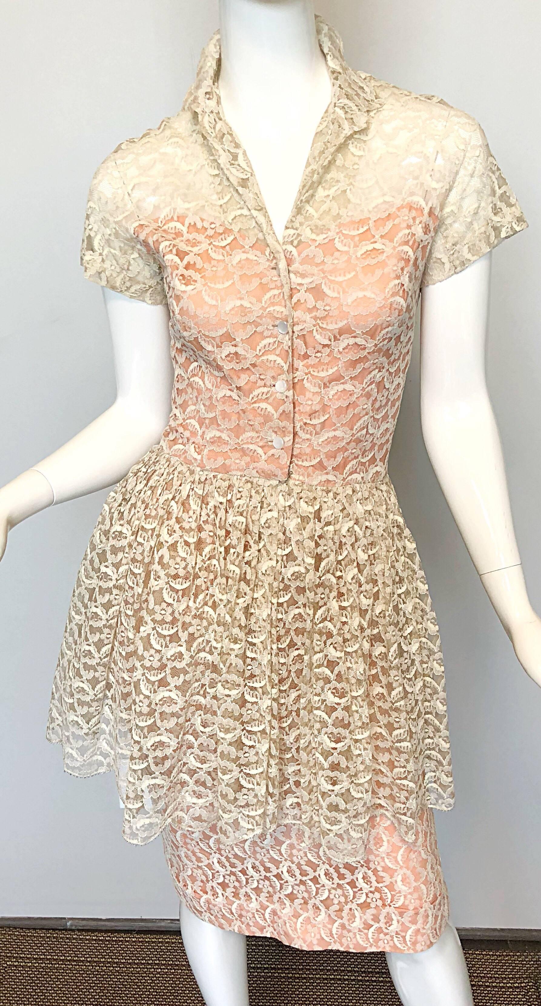 White Demi Couture 1950s Neusteters Ivory + Pink Silk French Lace Vintage Peplum Dress For Sale