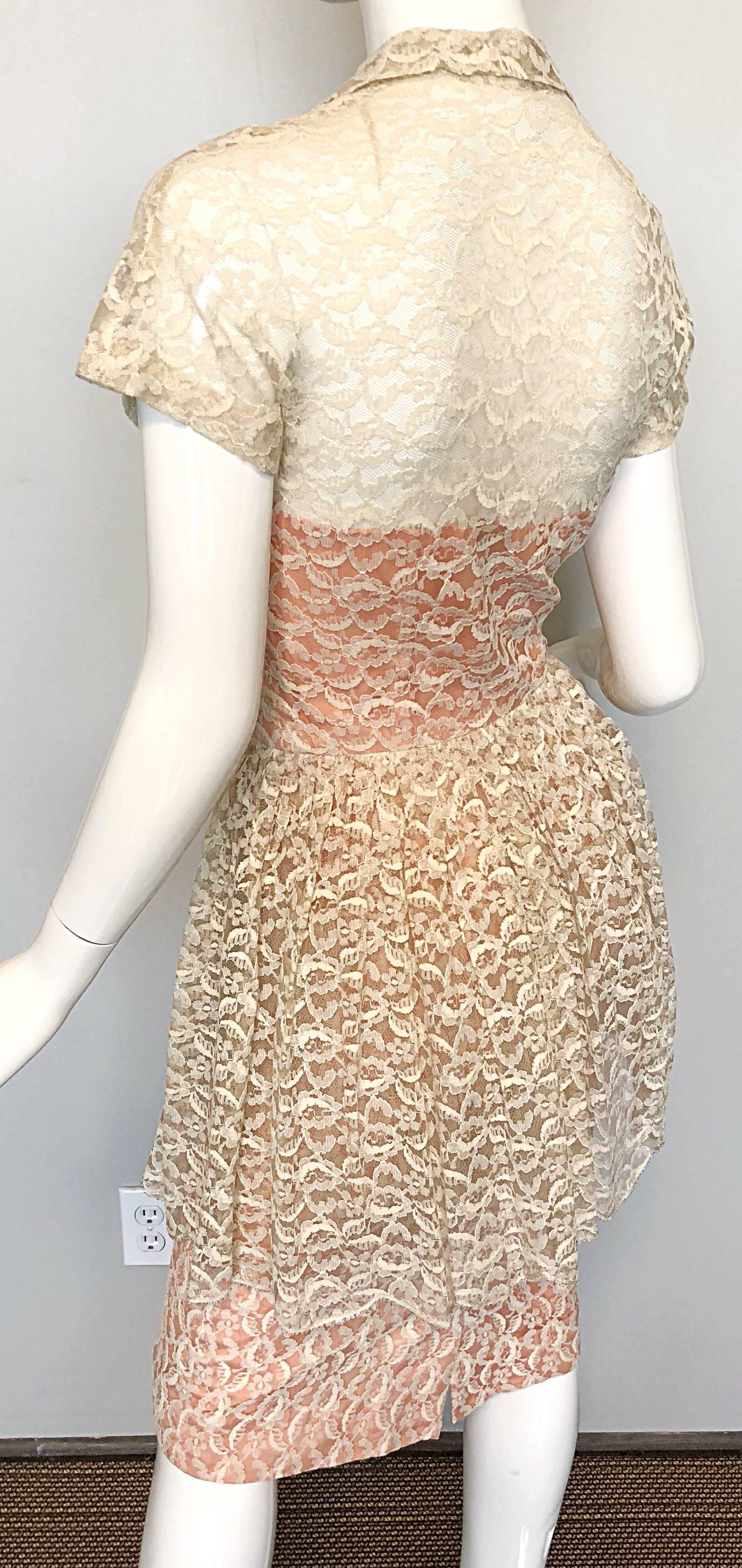 Demi Couture 1950s Neusteters Ivory + Pink Silk French Lace Vintage Peplum Dress In Excellent Condition For Sale In San Diego, CA