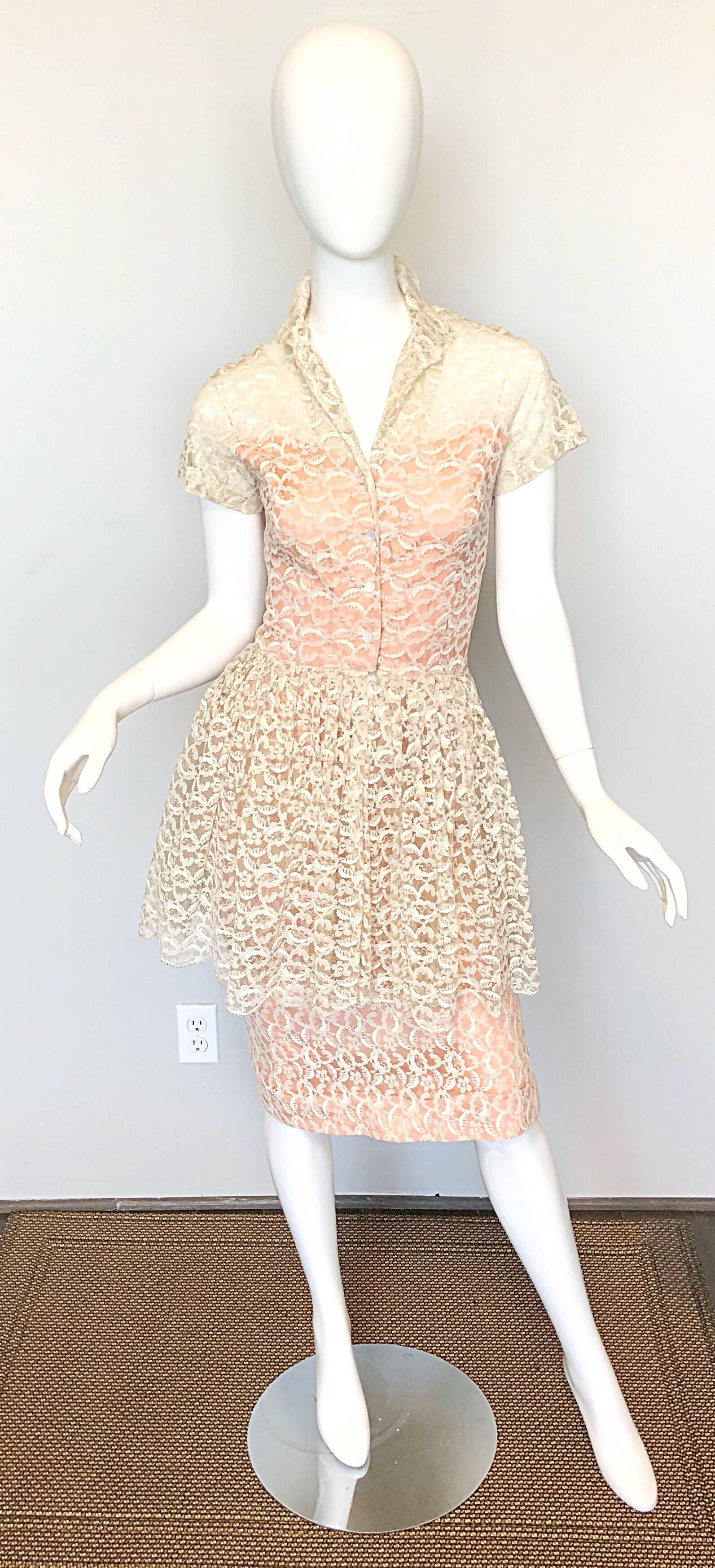 Women's Demi Couture 1950s Neusteters Ivory + Pink Silk French Lace Vintage Peplum Dress For Sale