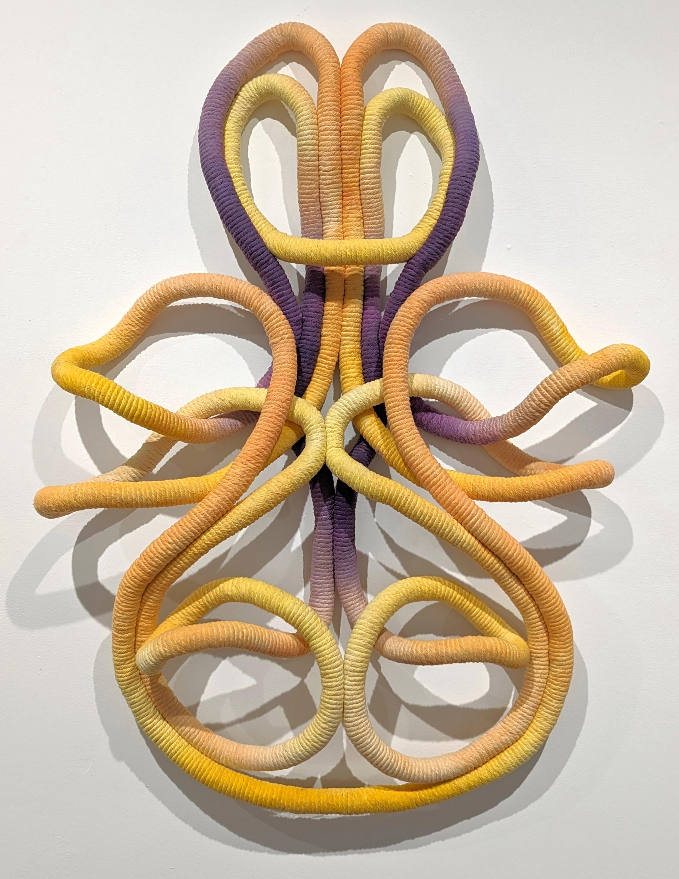 Three dimensional woven wall sculpture by Houston-based contemporary artist Demi Kahn. The work features intertwining pastel yellow, orange, and purple tubes that are made using traditional macrame and weaving techniques. 

Artist Biography: Demi