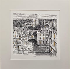 Oxford, estampe originale, scène urbaine, paysage urbain