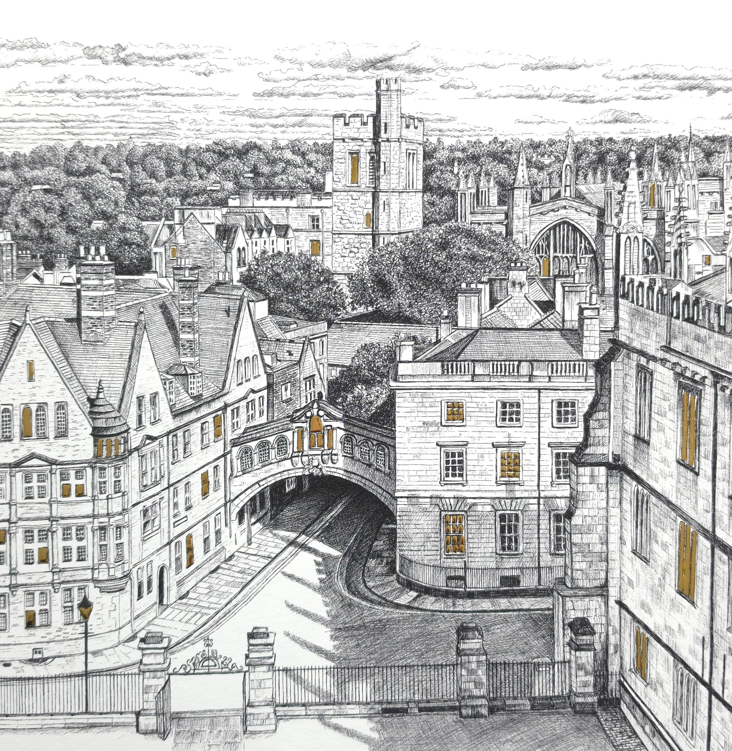 Oxford, original print, city scene, cityscape