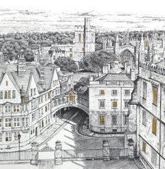 Oxford, estampe originale, scène urbaine, paysage urbain