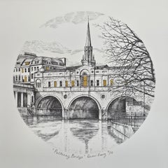 Le pont Pulteney, Bath, gravure originale, scène urbaine, paysage urbain