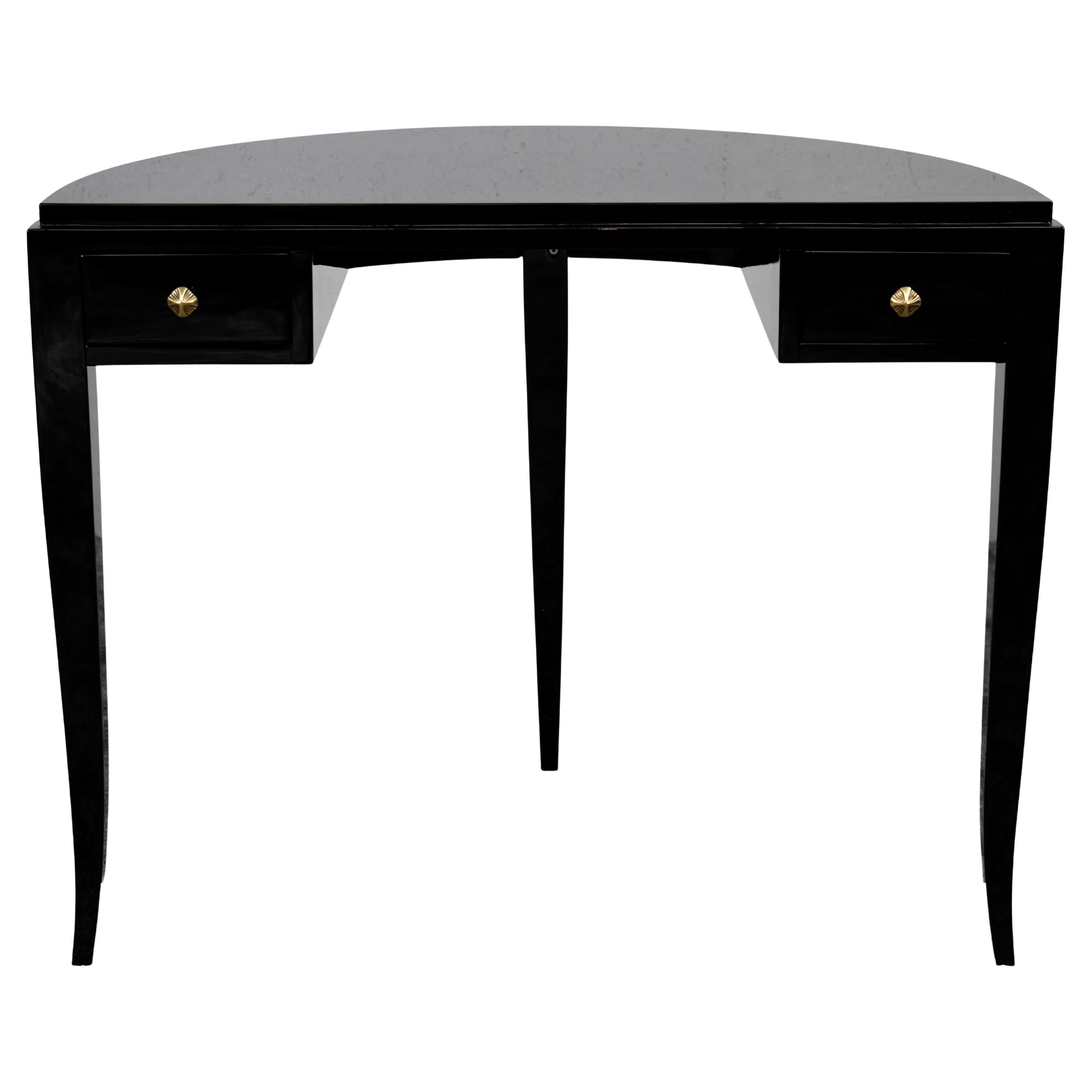 Scrivania Demi-Lune Art Deco in legno laccato nero lucido, Francia anni '30