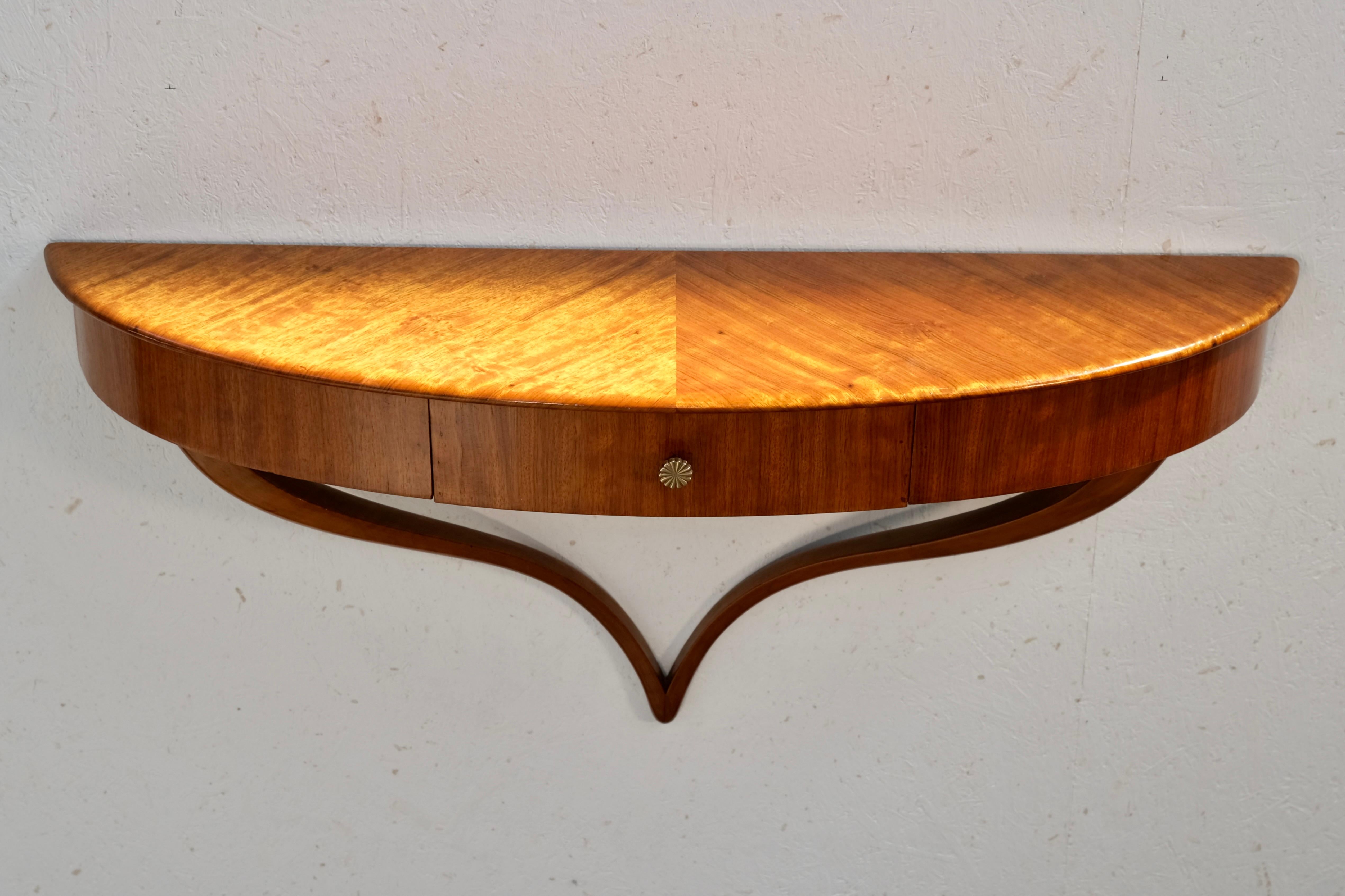 French Demi-Lune Art Deco Wall Mounted Console in Mahogany with Drawer, France 1930s For Sale