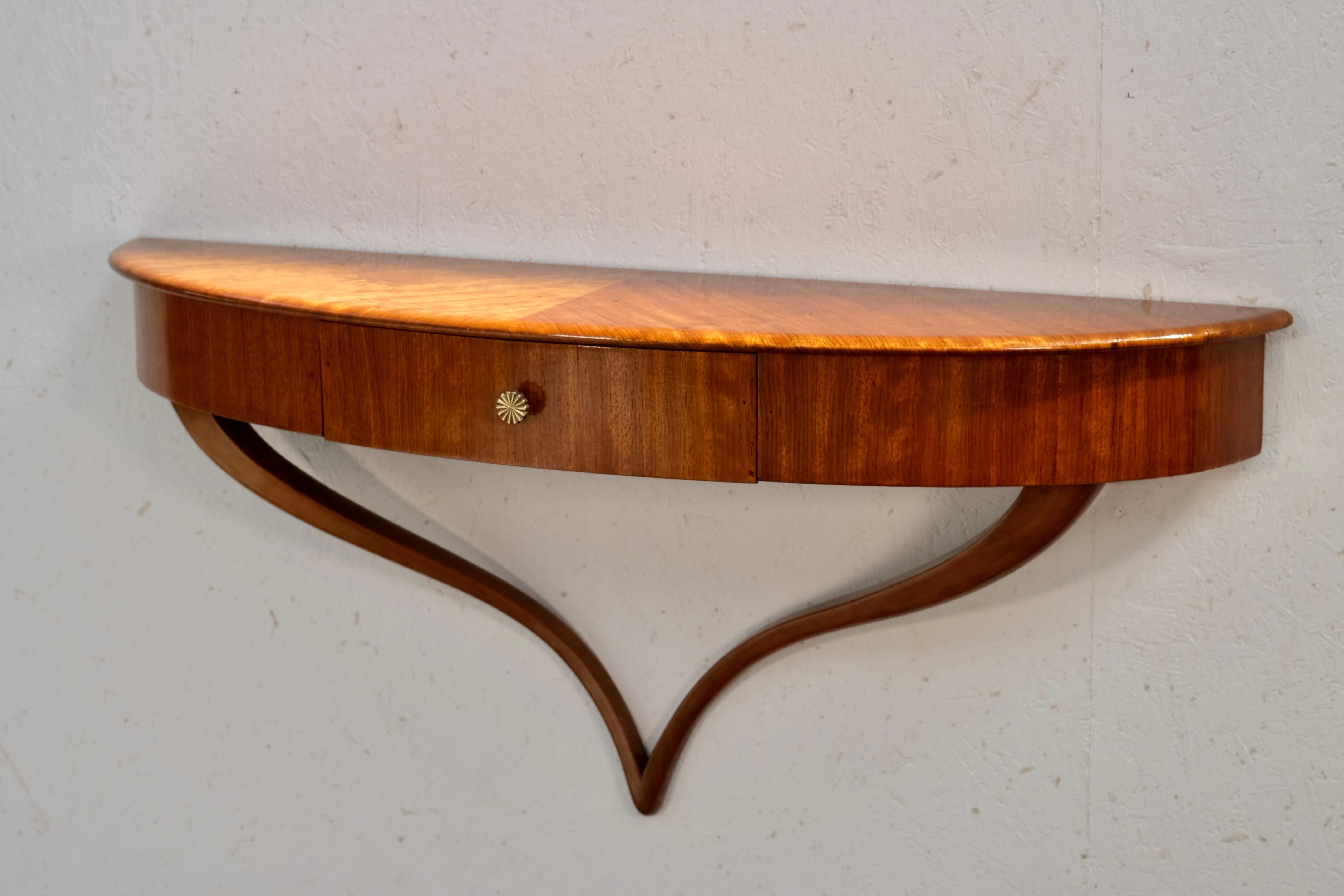 Polished Demi-Lune Art Deco Wall Mounted Console in Mahogany with Drawer, France 1930s For Sale
