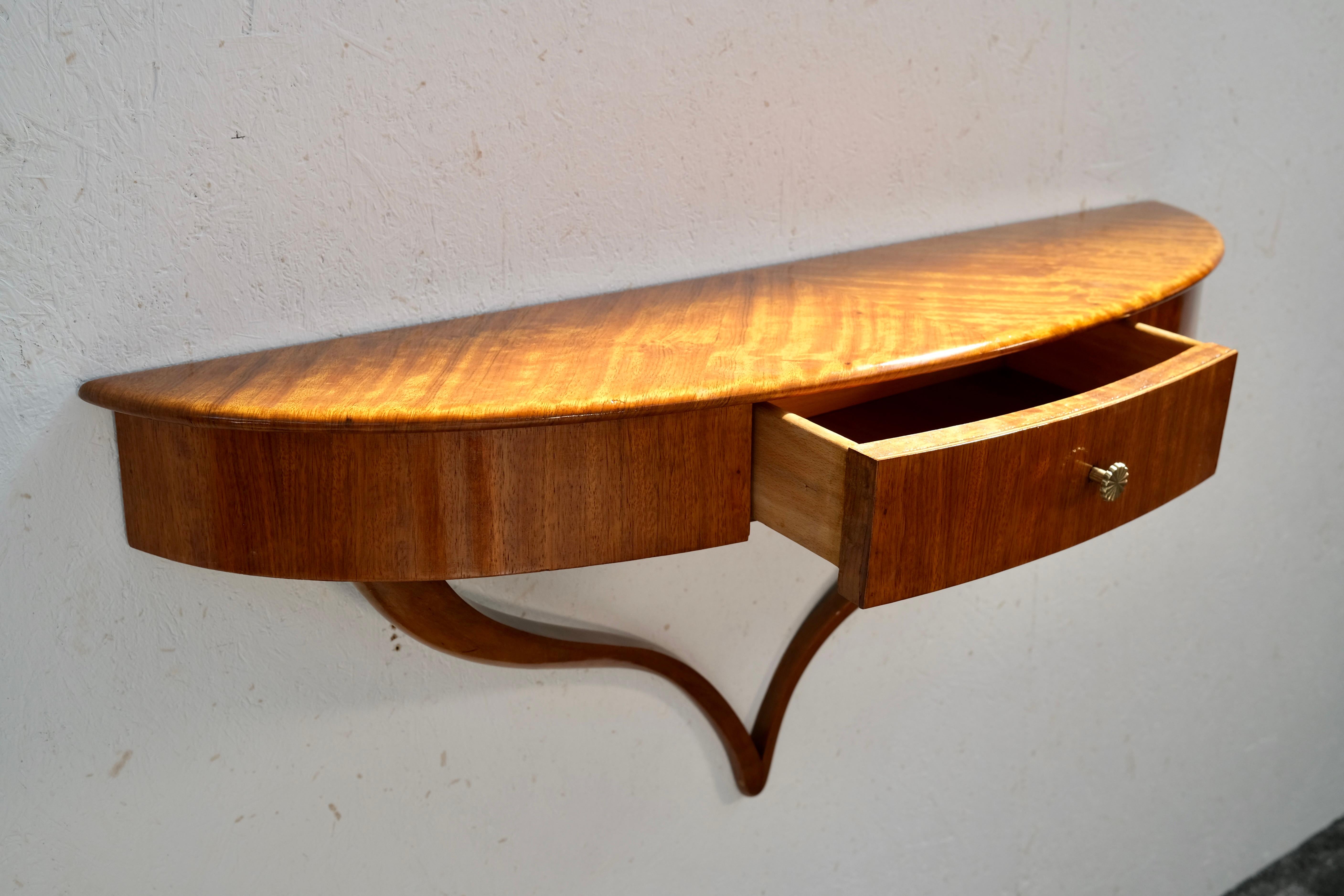 Mid-20th Century Demi-Lune Art Deco Wall Mounted Console in Mahogany with Drawer, France 1930s For Sale