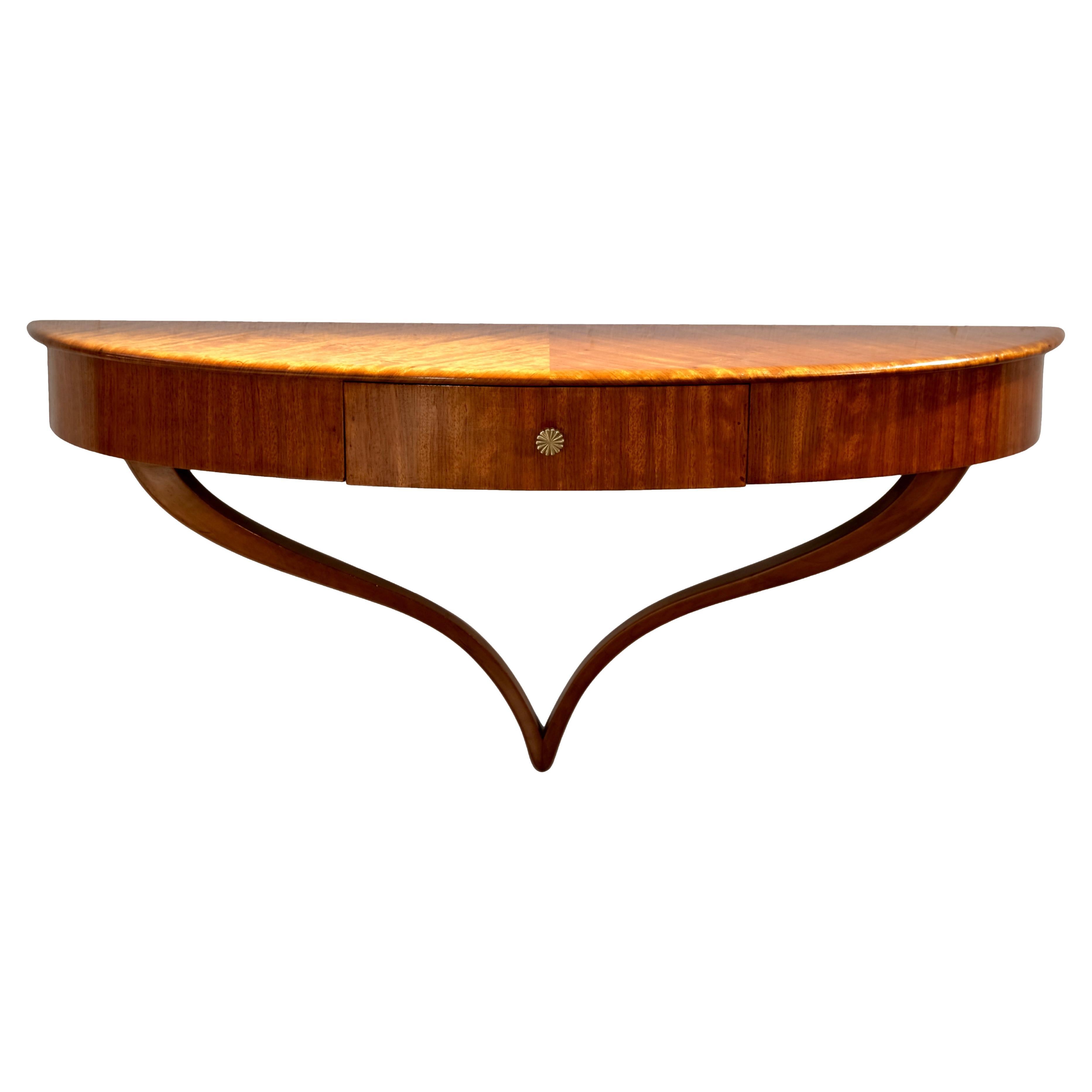 Demi-Lune Art Deco Wall Mounted Console in Mahogany with Drawer, France 1930s For Sale