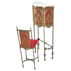Petite table console Demi Lune décorée d'ornements en bronze avec chaise Mint