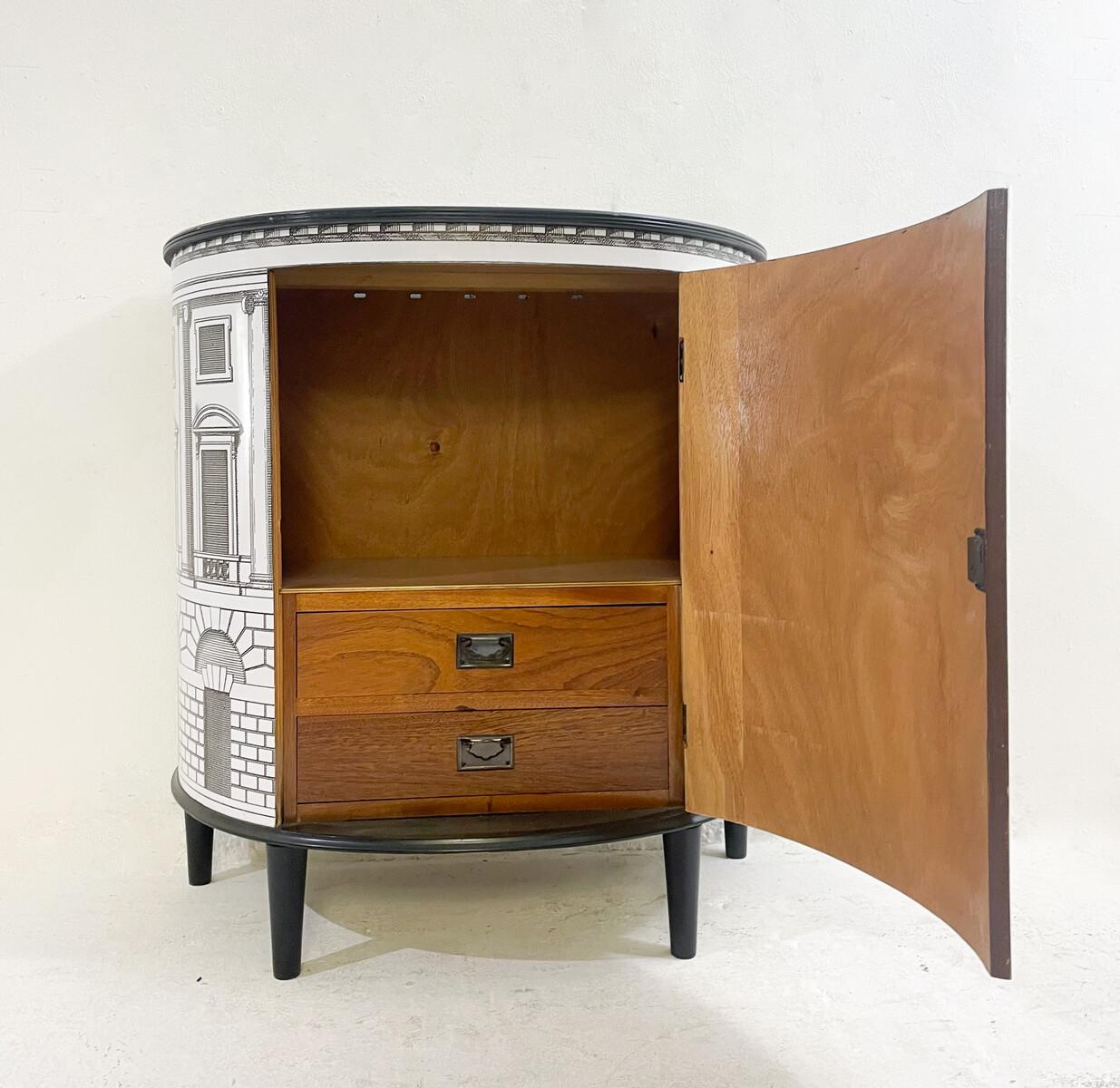 Wood Demi Lune Cabinet in the style of Fornasetti For Sale