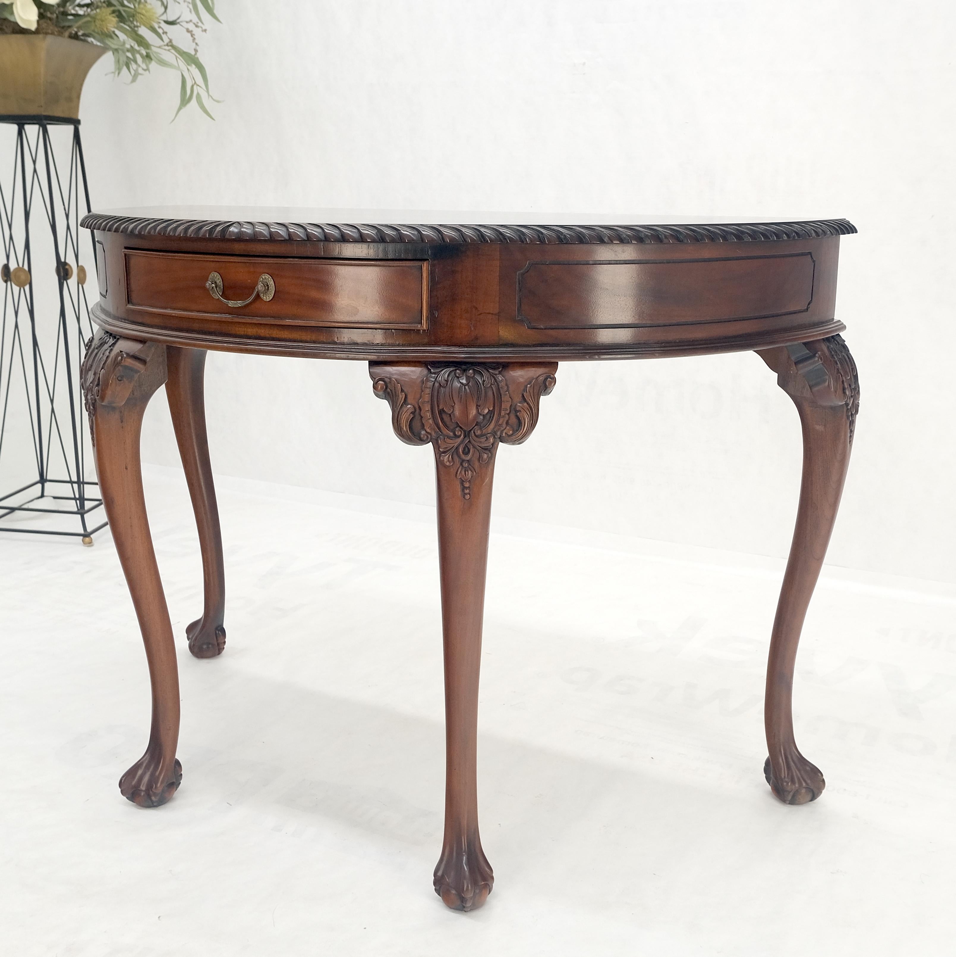 American Demi Lune Carved Mahogany Rope Edge Ball & Claw Feet  One Drawer Console Table For Sale