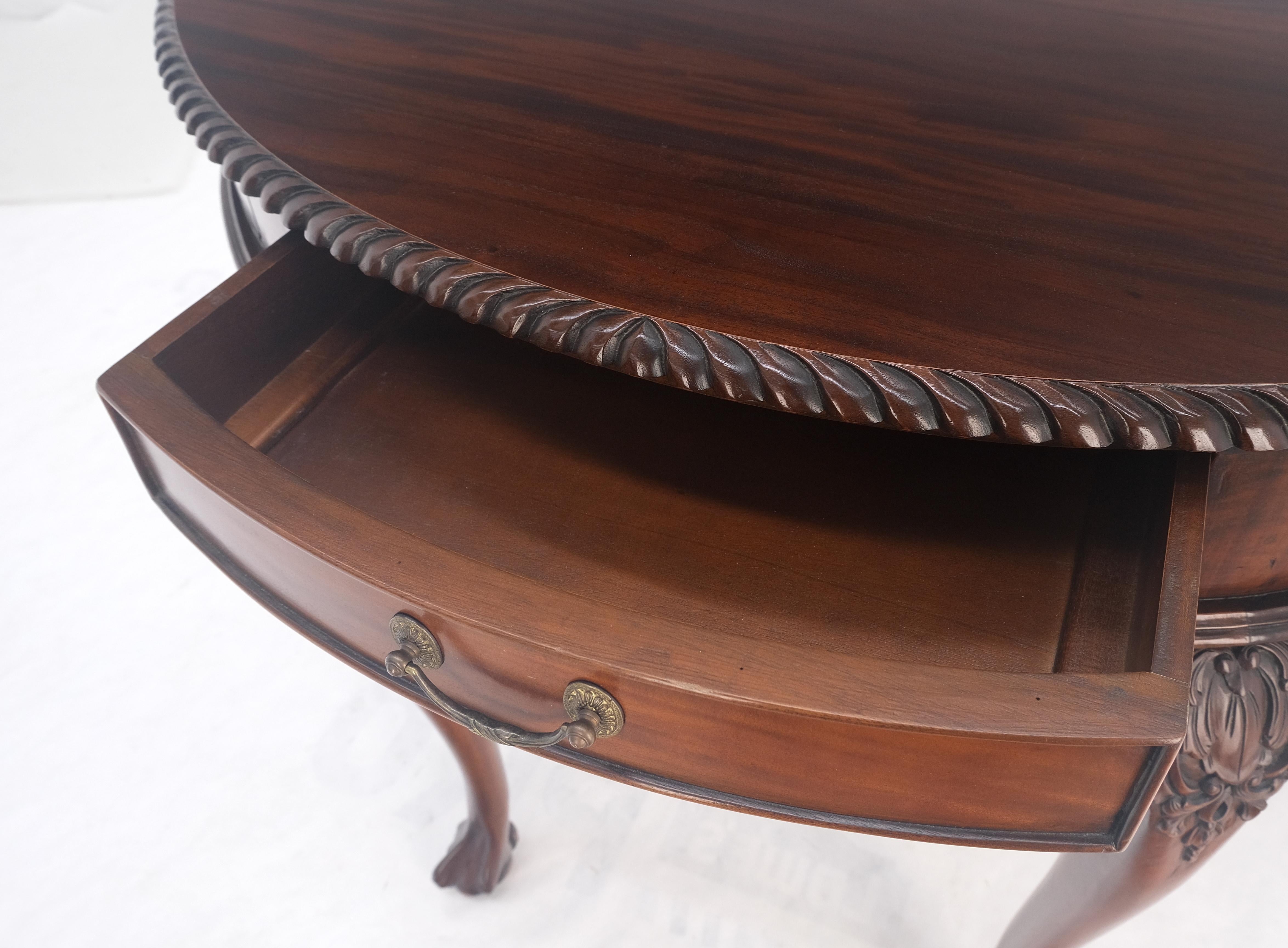 Demi Lune Carved Mahogany Rope Edge Ball & Claw Feet  One Drawer Console Table In Excellent Condition For Sale In Rockaway, NJ